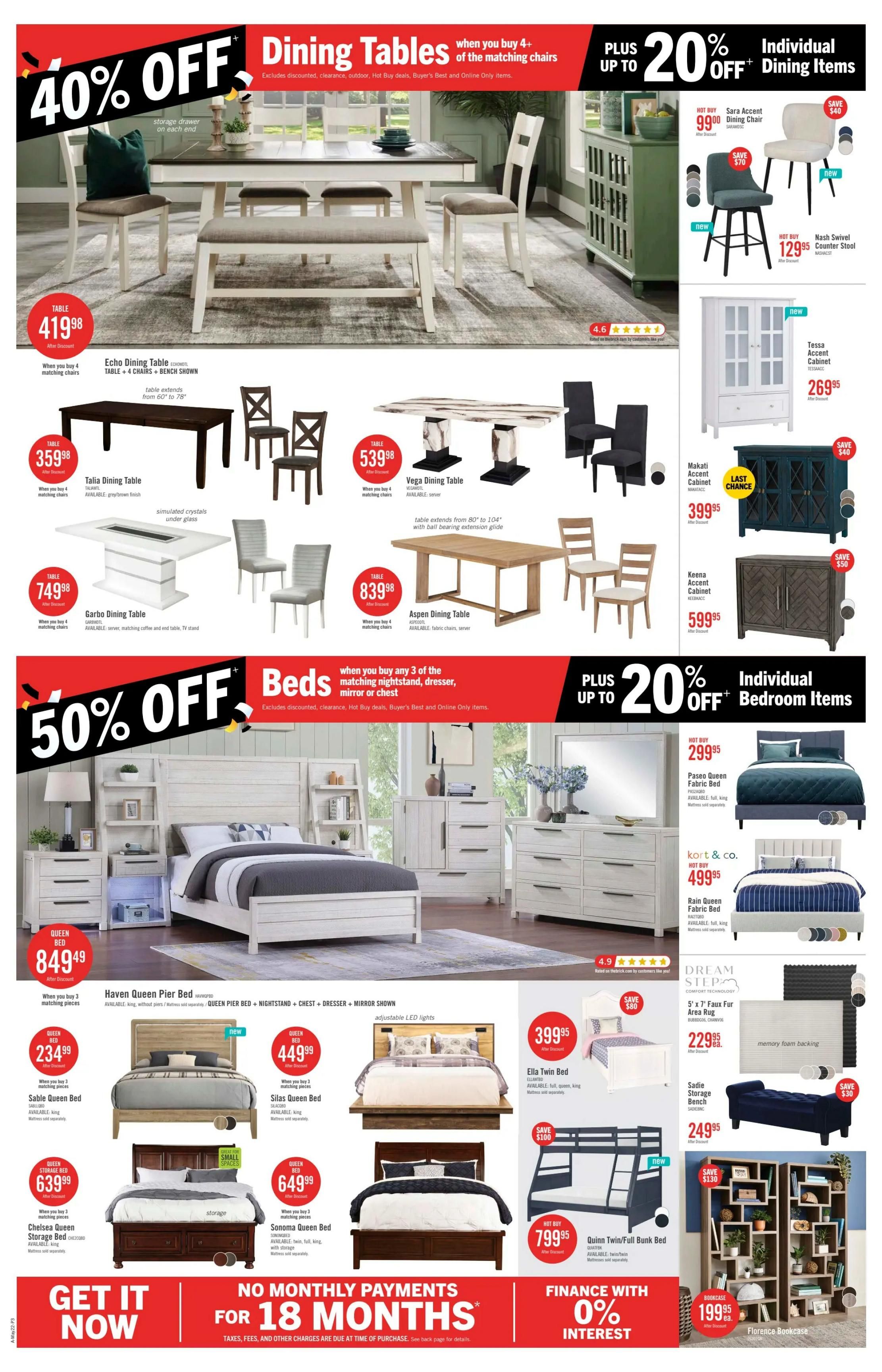 The Brick flyer specials page 9 features 40% off dining tables when you buy 4 or more matching chairs. Featured dining tables include the Echo Dining Table for $419.98, Talia Dining Table for $359.98, Garbo Dining Table for $749.98, Vega Dining Table for $539.98, and Aspen Dining Table for $839.98. Also, get up to 20% off individual dining items, including the Sara Accent Dining Chair for $99.00 and Nash Swivel Counter Stool for $129.95. Cabinets on sale include the Tessa Accent Cabinet for $269.95 and Makati Accent Cabinet for $399.95. The page also highlights 50% off beds when you buy any 3 of the matching nightstand, dresser, mirror, or chest. Featured beds are the Haven Queen Pier Bed for $849.49, Sable Queen Bed for $234.99, Silas Queen Bed for $449.99, Chelsea Queen Storage Bed for $639.99, and Sonoma Queen Bed for $649.99. Individual bedroom items include the Paseo Queen Fabric Bed for $299.95 and Rain Queen Fabric Bed for $499.95. Other featured items are the Ella Twin Bed for $399.95, Quinn Twin/Full Bunk Bed for $799.95, a 5' x 7' Faux Fur Area Rug for $229.95, a Sadie Storage Bench for $249.95, and the Florence Bookcase for $199.95. The page also promotes 'Get It Now' with no monthly payments for 18 months and finance with 0% interest.