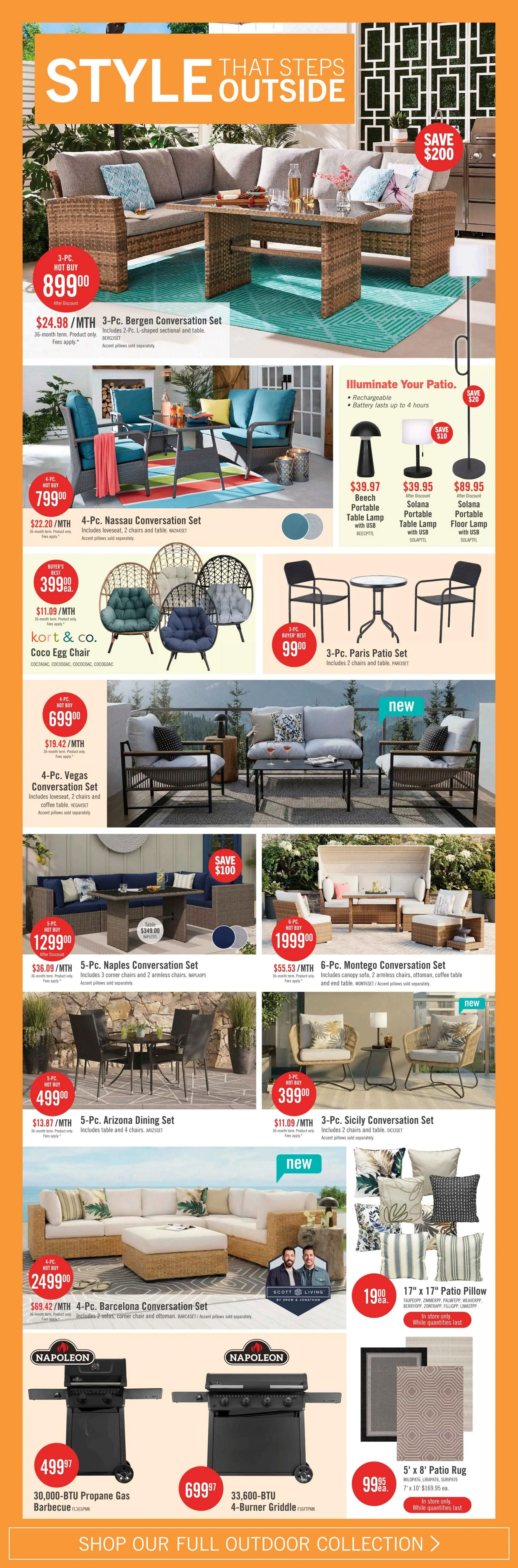 The Brick flyer page 10 features outdoor living style with a large selection of patio furniture and accessories. Highlights include the 3-Pc. Bergen Conversation Set for $899.00 ($24.98/month), the 4-Pc. Nassau Conversation Set for $799.00 ($22.20/month), and the 4-Pc. Vegas Conversation Set for $699.00 ($19.42/month). Also featured are the 5-Pc. Naples Conversation Set for $1299.00 ($36.09/month), the 6-Pc. Montego Conversation Set for $1999.00 ($55.53/month), the 5-Pc. Arizona Dining Set for $499.00 ($13.87/month), and the 3-Pc. Sicily Conversation Set for $399.00 ($11.09/month). The 4-Pc. Barcelona Conversation Set is available for $2499.00 ($69.42/month). For smaller spaces, the 3-Pc. Paris Patio Set is $99.00. 'Illuminate Your Patio' section includes the Beech Portable Table Lamp for $39.97 (save $20), Solana Portable Table Lamp for $39.95 (save $10), and Solana Portable Floor Lamp for $89.95. Accessories include 17' x 17' Patio Pillows for $19.00 each and 5' x 8' Patio Rugs for $99.95. Napoleon barbecues are also on sale: a 30,000-BTU Propane Gas Barbecue for $499.97 and a 33,600-BTU 4-Burner Griddle for $699.97. The page encourages shoppers to 'Shop Our Full Outdoor Collection.