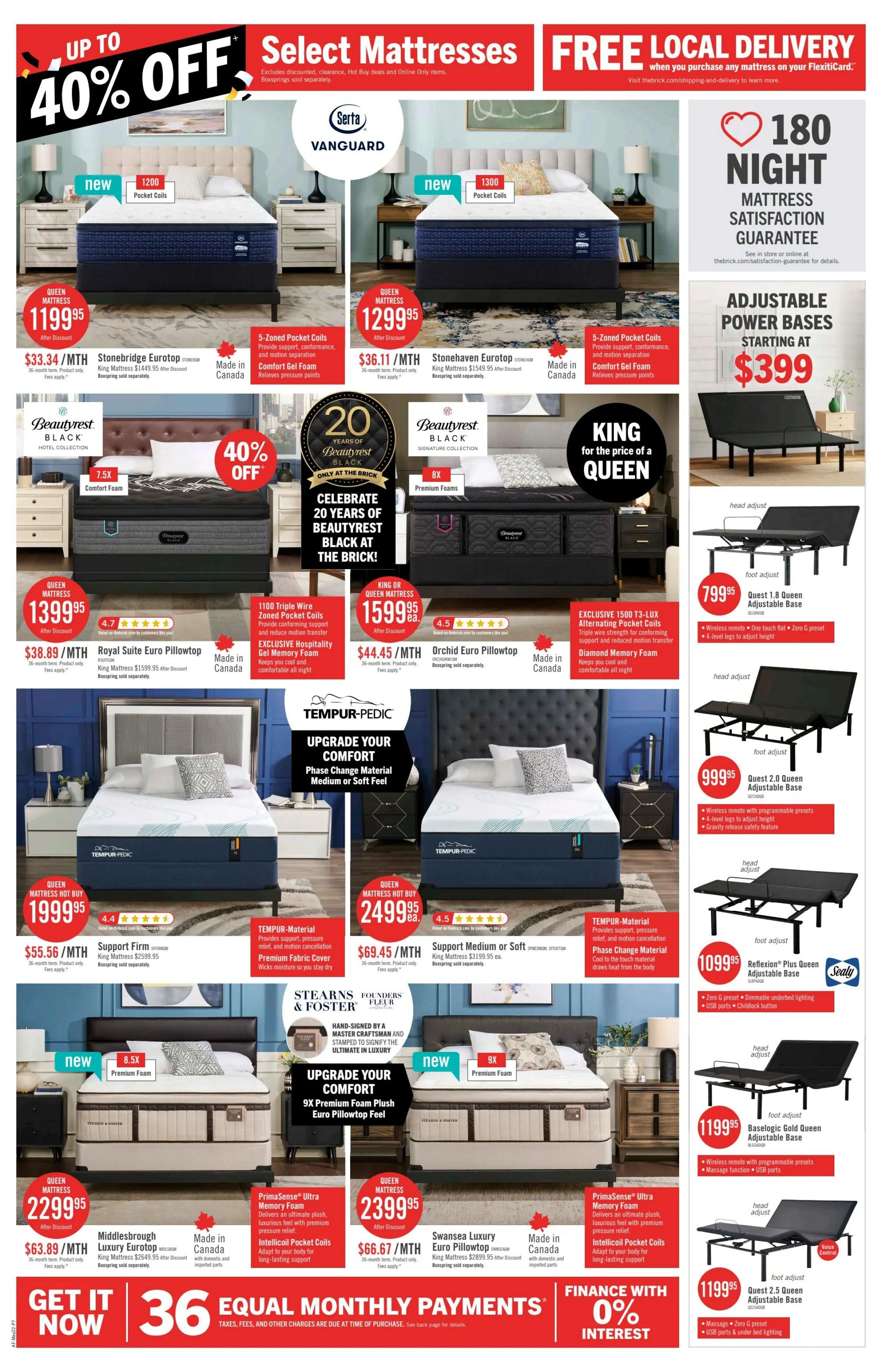 The Brick flyer page 13 features a 'Select Mattresses' sale with up to 40% off and free local delivery on purchases made with your FlexiCard. Featured mattresses include the Serta Vanguard Stonebridge Eurotop Queen for $1199.95, the Serta Vanguard Stonehaven Eurotop Queen for $1299.95, and the Beautyrest Black Royal Suite Euro Pillowtop Queen for $1399.95. Also available is the Beautyrest Black Orchid Euro Pillowtop King or Queen for $1599.95. Tempur-Pedic mattresses are highlighted, including the Support Firm Queen for $1999.95 and the Support Medium or Soft Queen for $2499.95. The Stearns & Foster Founders Fleur mattress is also featured. The page showcases adjustable power bases starting at $399, with specific models like the Quest 1.8 Queen Adjustable Base for $799.95, Quest 2.0 Queen Adjustable Base for $999.95, Reflexion Plus Queen Adjustable Base for $1099.95, Baselogic Gold Queen Adjustable Base for $1199.95, and Quest 2.5 Queen Adjustable Base for $1199.95. The page also promotes 36 equal monthly payments and 0% financing. Mattresses are made in Canada or with domestic and imported parts.
