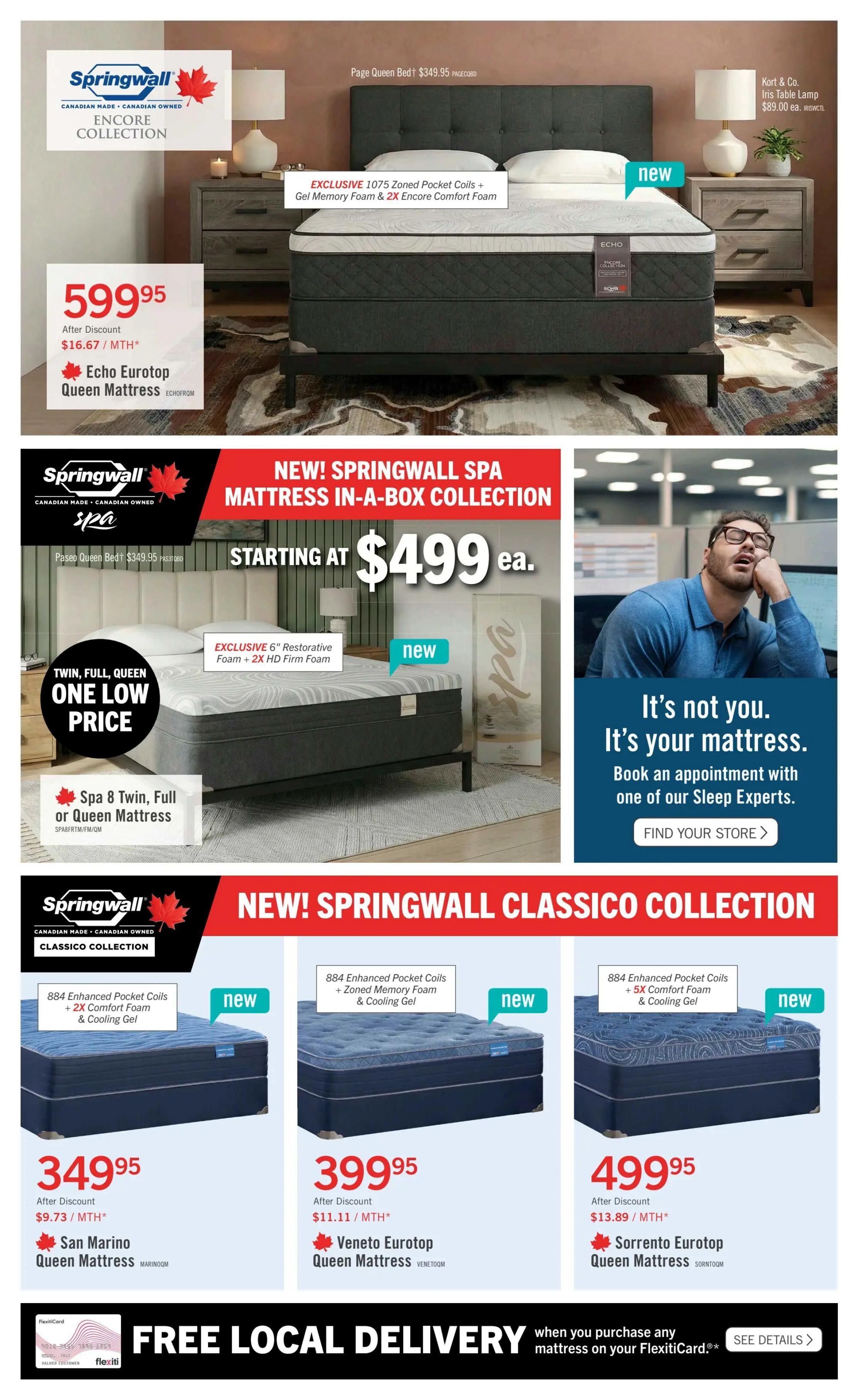 Page 5 of The Brick flyer features Springwall mattresses. The Echo Eurotop Queen Mattress from the Encore Collection is priced at $599.95 after discount, with a monthly payment option of $16.67. The Springwall Spa Mattress in-a-Box Collection starts at $499 each, featuring exclusive 6' Restorative Foam and 2X HD Firm Foam. The Springwall Classico Collection includes the San Marino Queen Mattress for $349.95 (after discount, $9.73/MTH), the Veneto Eurotop Queen Mattress for $399.95 (after discount, $11.11/MTH), and the Sorrento Eurotop Queen Mattress for $499.95 (after discount, $13.89/MTH). All Classico mattresses feature 884 Enhanced Pocket Coils with cooling gel. A 'Find Your Store' button is visible next to an ad stating 'It's not you. It's your mattress.' Free local delivery is offered on any mattress purchased on a FlexitiCard. A Kort & Co. Iris Table Lamp is also shown for $89.00.