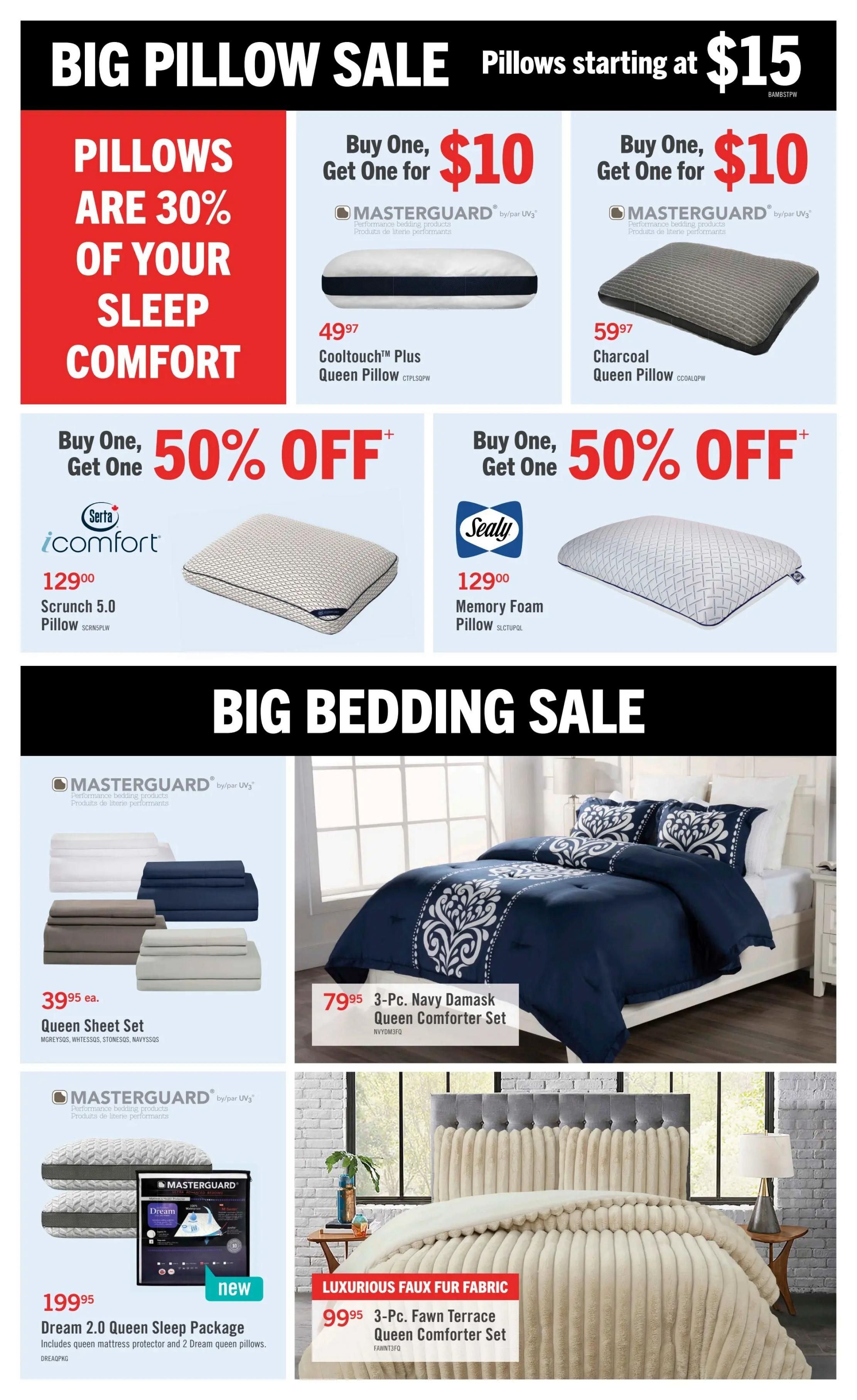 The Brick flyer page 6 features a Big Pillow Sale with pillows starting at $15. Deals include Buy One, Get One for $10 on Masterguard Cooltouch Plus Queen Pillows and Masterguard Charcoal Queen Pillows. Also, Buy One, Get One 50% off on Serta iComfort Scrunch 5.0 Pillows for $129.00 and Sealy Memory Foam Pillows for $129.00. The Big Bedding Sale includes Masterguard Queen Sheet Sets for $39.95 each, a 3-Pc. Navy Damask Queen Comforter Set for $79.95, and a Dream 2.0 Queen Sleep Package (includes mattress protector and 2 pillows) for $199.95. Additionally, a 3-Pc. Fawn Terrace Queen Comforter Set with luxurious faux fur fabric is available for $99.95.