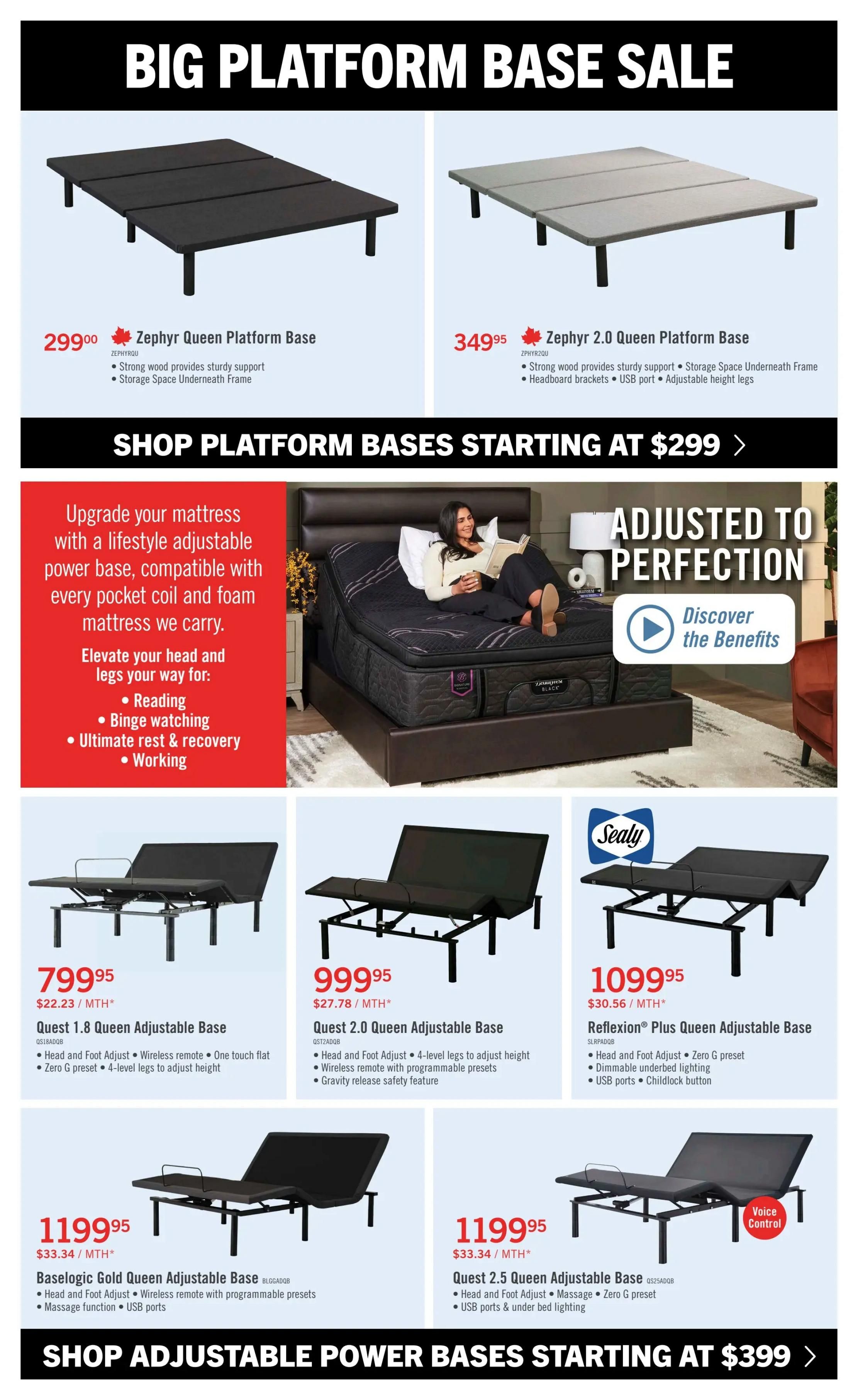 The Brick Big Platform Base Sale features the Zephyr Queen Platform Base for $299.99 and the Zephyr 2.0 Queen Platform Base for $349.95. The page highlights upgrading your mattress with a lifestyle adjustable power base, compatible with all pocket coil and foam mattresses, for reading, binge watching, ultimate rest & recovery, and working. It showcases adjustable power bases starting at $299. Featured adjustable bases include the Quest 1.8 Queen Adjustable Base for $799.95 ($22.23/MTH*), the Quest 2.0 Queen Adjustable Base for $999.95 ($27.78/MTH*), the Reflexion Plus Queen Adjustable Base for $1099.95 ($30.56/MTH*), the Baselogic Gold Queen Adjustable Base for $1199.95 ($33.34/MTH*), and the Quest 2.5 Queen Adjustable Base for $1199.95 ($33.34/MTH*) with voice control. Shop adjustable power bases starting at $399.