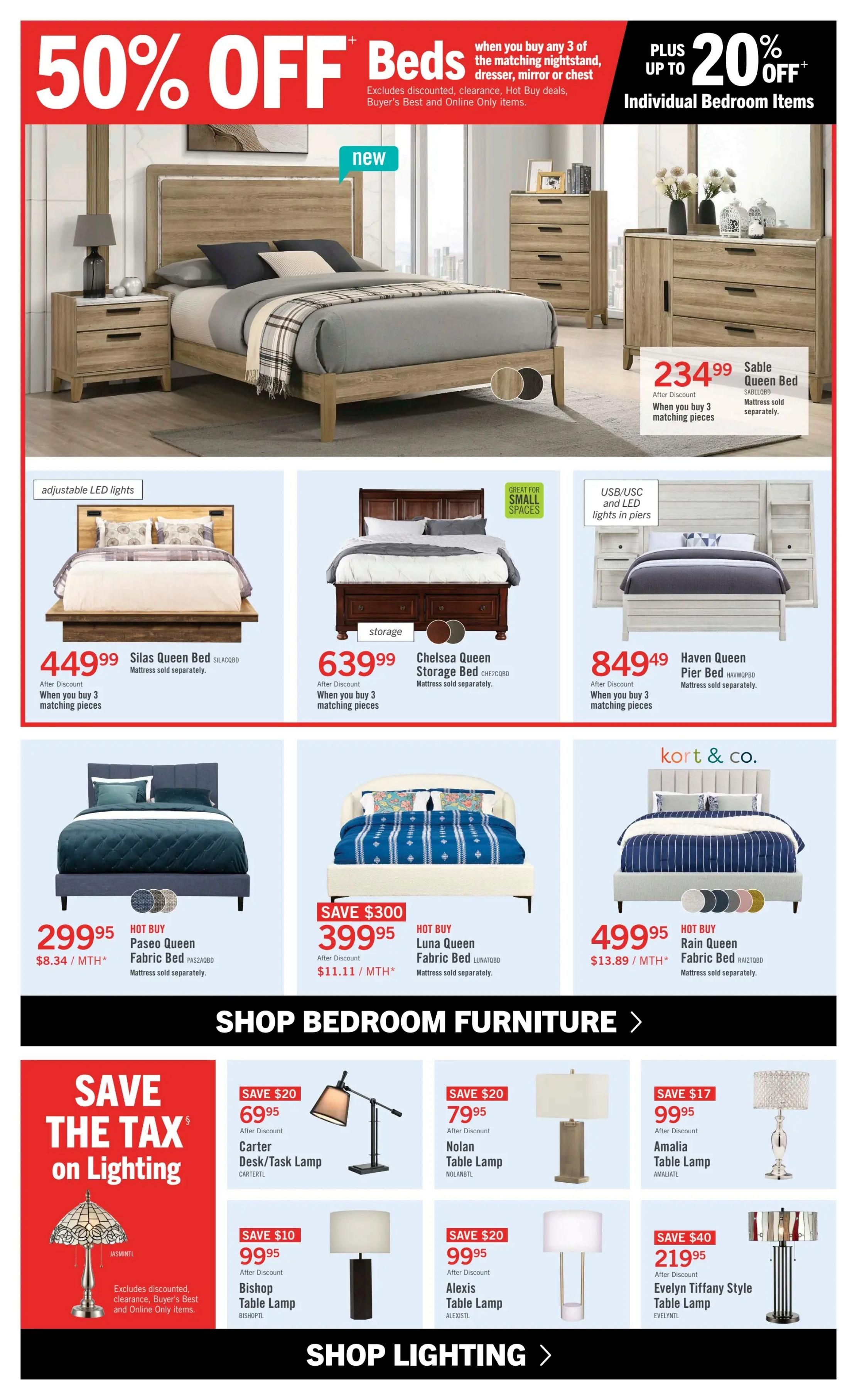 The Brick flyer page 8 features a 50% off sale on beds when you buy 3 matching nightstand, dresser, mirror, or chest, plus up to 20% off individual bedroom items. Featured beds include the new Silas Queen Bed for $449.99, Chelsea Queen Storage Bed for $639.99, and Haven Queen Pier Bed for $849.49, all requiring purchase of 3 matching pieces. Hot Buy beds are also available: Paseo Queen Fabric Bed for $299.95, Luna Queen Fabric Bed for $399.95 (save $300), and Rain Queen Fabric Bed for $499.95. The flyer also highlights 'Save the Tax' on lighting, with deals like the Carter Desk/Task Lamp for $69.95 (save $20), Nolan Table Lamp for $79.95 (save $20), Bishop Table Lamp for $99.95 (save $10), Amalia Table Lamp for $99.95 (save $17), Alexis Table Lamp for $99.95 (save $20), and Evelyn Tiffany Style Table Lamp for $219.95 (save $40). Mattresses are sold separately for all bed purchases. The page also includes sections for 'Shop Bedroom Furniture' and 'Shop Lighting.
