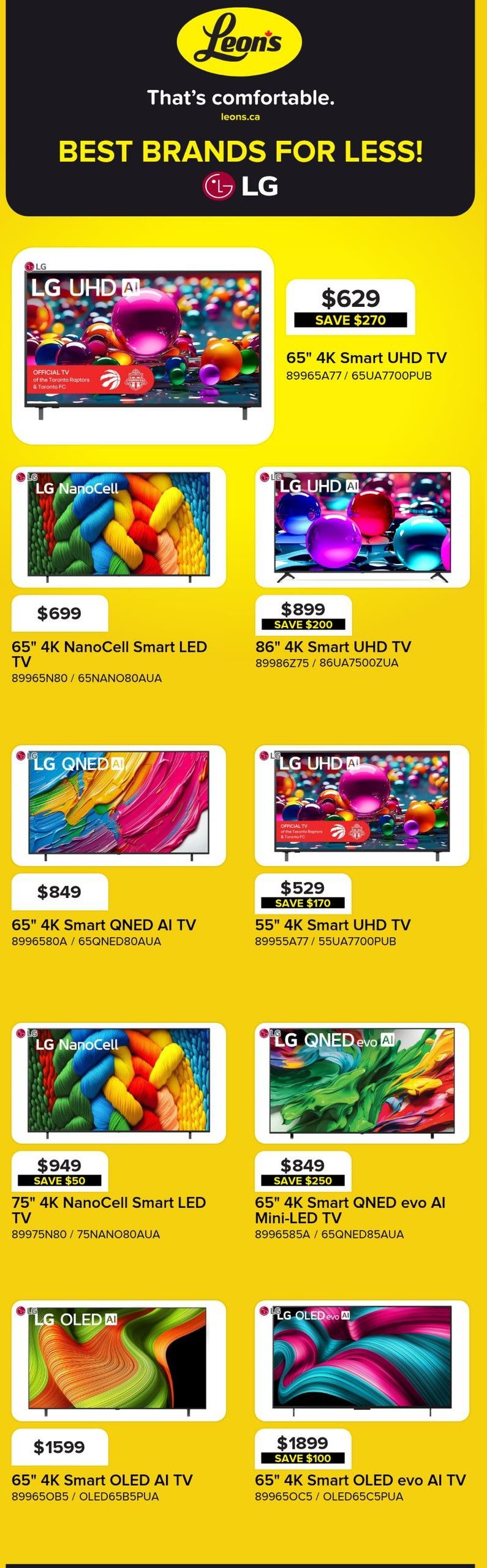Leon's flyer page 2 features LG televisions. A 65' 4K Smart UHD TV is on sale for $629, saving $270. Also available are a 65' 4K NanoCell Smart LED TV for $699, an 86' 4K Smart UHD TV for $899 with $200 savings, a 65' 4K Smart QNED AI TV for $849, a 55' 4K Smart UHD TV for $529 with $170 savings, a 75' 4K NanoCell Smart LED TV for $949 with $50 savings, a 65' 4K Smart QNED evo AI Mini-LED TV for $849 with $250 savings, a 65' 4K Smart OLED AI TV for $1599, and a 65' 4K Smart OLED evo AI TV for $1899 with $100 savings.