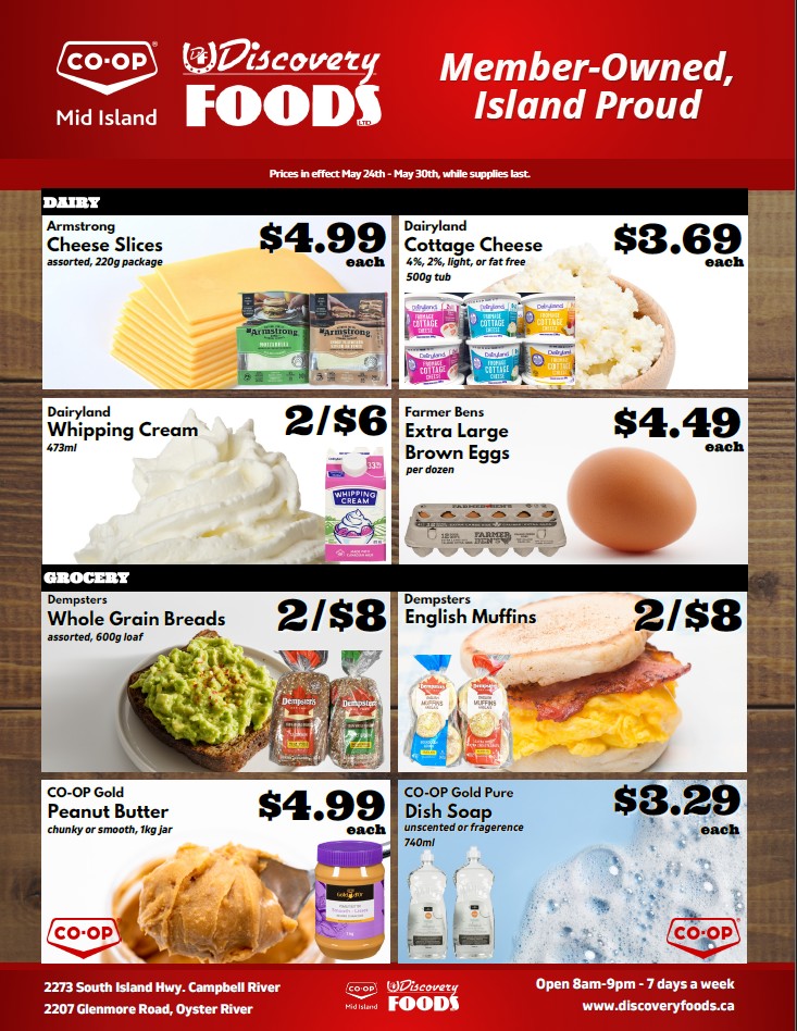 Discovery Foods weekly flyer specials for May 24th to May 30th. Page 3 features dairy and grocery deals. Dairy products include Armstrong Cheese Slices for $4.99 each, Dairyland Cottage Cheese for $3.69 each, and Dairyland Whipping Cream at 2 for $6. Grocery items include Dempsters Whole Grain Breads at 2 for $8, Dempsters English Muffins at 2 for $8, CO-OP Gold Peanut Butter (chunky or smooth, 1kg jar) for $4.99 each, and CO-OP Gold Pure Dish Soap (unscented or fragrance-free, 740ml) for $3.29 each. Farmer Bens Extra Large Brown Eggs are $4.49 per dozen.