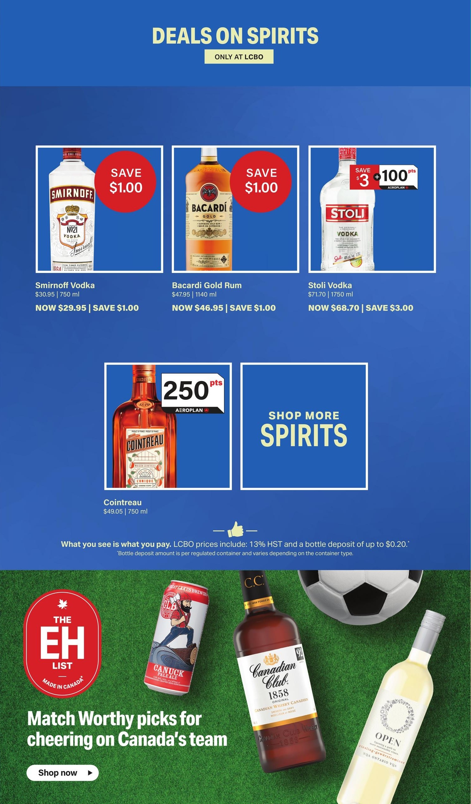 LCBO Flyer Specials Page 2: Deals on Spirits. Features Smirnoff Vodka, originally $30.95 for 750 ml, now $29.95, saving $1.00. Also features Bacardi Gold Rum, originally $47.95 for 1140 ml, now $46.95, saving $1.00. Stoli Vodka, originally $71.70 for 1750 ml, now $68.70, saving $3.00. Cointreau, 750 ml, is available for $49.05 and includes a special offer of 250 Aeroplan points. A section to 'Shop More Spirits' is also displayed. Below, find 'Match Worthy picks for cheering on Canada's team' featuring a Canuck Pale Ale, Canadian Club 1858 Whisky, and an Open VQA Ontario wine. Prices include 13% HST and a bottle deposit of up to $0.20.