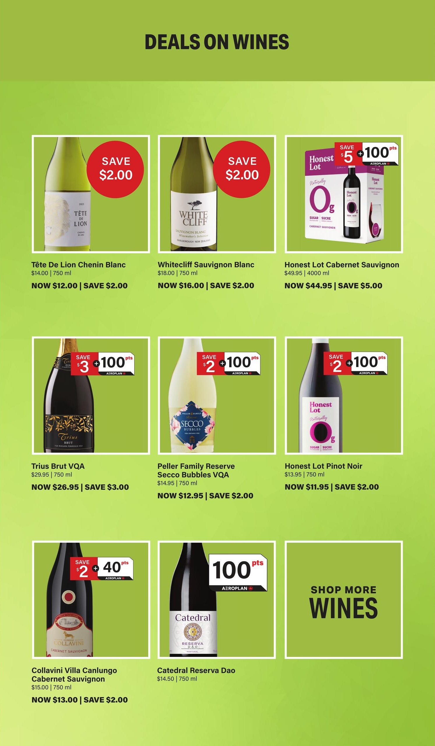 LCBO Flyer Specials Page 4: Deals on Wines. Featured products include Tête De Lion Chenin Blanc, now $12.00, save $2.00. Whitecliff Sauvignon Blanc, now $16.00, save $2.00. Honest Lot Cabernet Sauvignon, now $44.95, save $5.00 and earn 100 Aeroplan points. Trius Brut VQA, now $26.95, save $3.00 and earn 100 Aeroplan points. Peller Family Reserve Secco Bubbles VQA, now $12.95, save $2.00 and earn 100 Aeroplan points. Honest Lot Pinot Noir, now $11.95, save $2.00 and earn 100 Aeroplan points. Collavini Villa Canlungo Cabernet Sauvignon, now $13.00, save $2.00 and earn 40 Aeroplan points. Catedral Reserva Dao, $14.50, with 100 Aeroplan points. Also features a 'Shop More Wines' section.