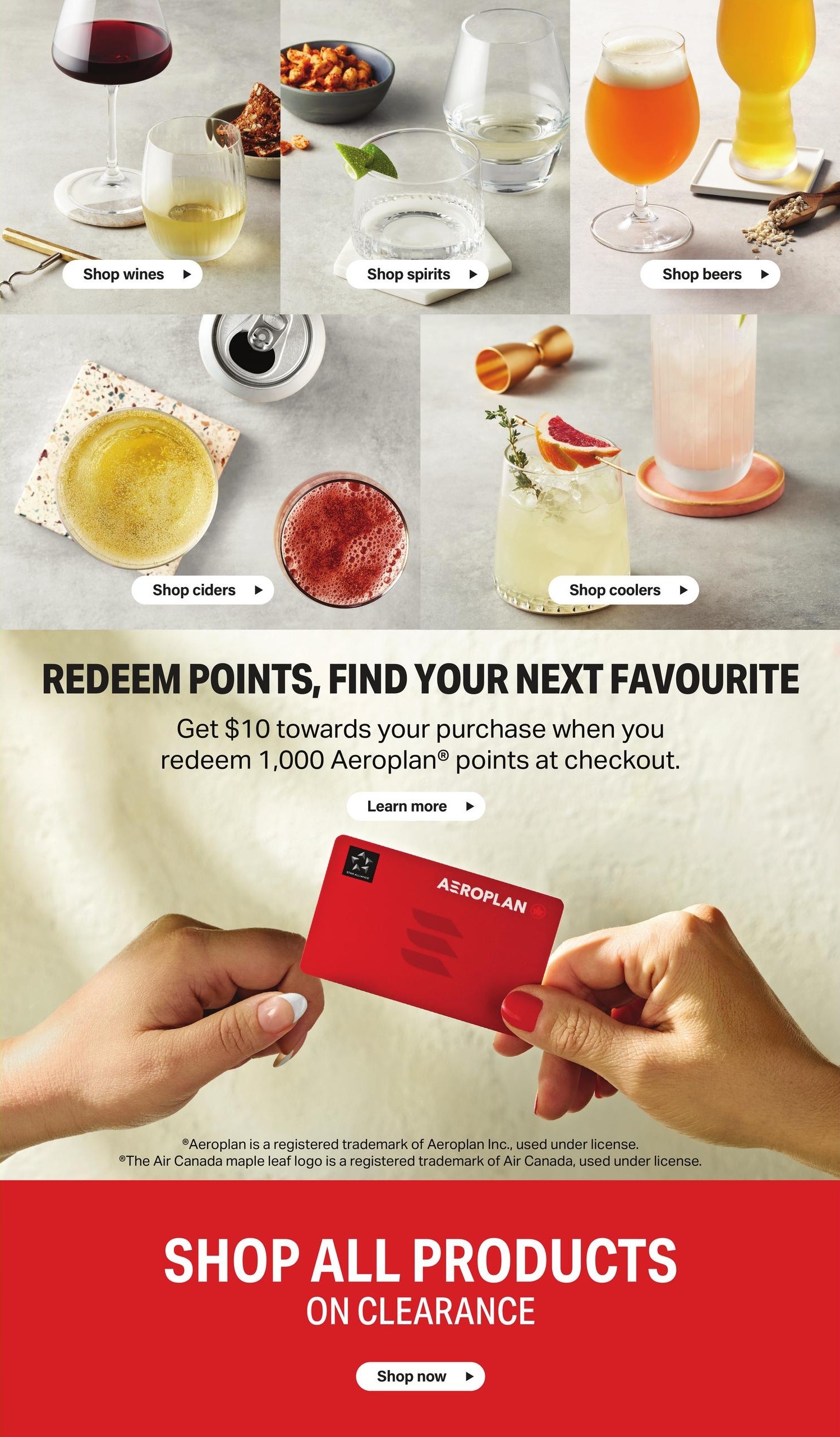 LCBO flyer page 5 featuring various beverage categories: Shop wines, Shop spirits, Shop beers, Shop ciders, and Shop coolers. Below, a promotion offers $10 towards your purchase when you redeem 1,000 Aeroplan points at checkout, with a 'Learn more' button. The page also highlights 'Shop All Products On Clearance' with a 'Shop now' button. Aeroplan and Air Canada trademarks are noted.
