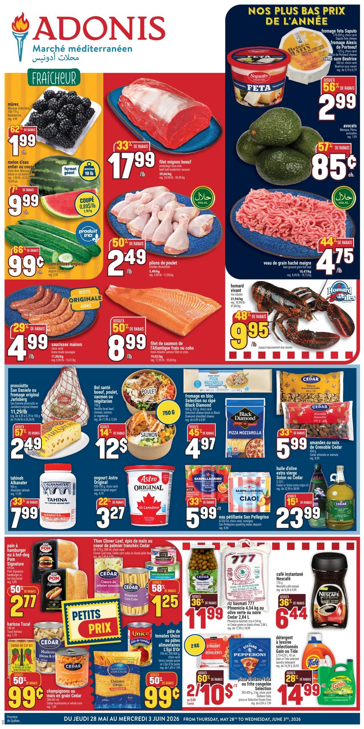 Adonis Weekly Flyer Specials for Quebec, valid from Thursday, May 28 to Wednesday, June 3, 2026. Featured items include fresh blackberries for $1.99/lb (62% off), beef tenderloin for $17.99/lb (33% off), chicken drumsticks for $2.49/lb (50% off), and ground beef for $4.75/lb (44% off). Also on sale are whole or cut watermelon for $0.99/lb, English cucumbers for $0.99 each (66% off), and fresh Atlantic salmon for $8.99/lb (50% off). Other deals include Saputo Feta cheese and Beatrice sour cream for $2.99 (56% off), avocados for $0.85 each (57% off), homemade sausages for $4.99/lb (29% off), live lobster for $9.95/lb (48% off), and Jarlesberg or San Daniele prosciutto for $2.49/100g (57% off). Also available are healthy beef, chicken, salmon, or vegetarian bowls for $12.99 (14% off), Black Diamond shredded cheese or pizza mozzarella for $4.97 (45% off), Alkanater tahini for $7.99 (33% off), Astro Original yogurt for $3.27 (22% off), and San Pellegrino sparkling water for $5.99 (33% off). Additionally, find POM Signature hamburger or hot dog buns for $2.77 (50% off), Cedar corn cobs or sliced palm hearts for $1.25 (58% off), Unico tomato paste or L'Épi D'Or pasta for $0.99 (50% off), 777 basmati rice for $11.99 (36% off), Nescafe instant coffee for $6.44 (36% off), Gain or Tide detergent for $14.99 (28% off), and Stefano Faita frozen pizza or selection for $2/10 (60% off).