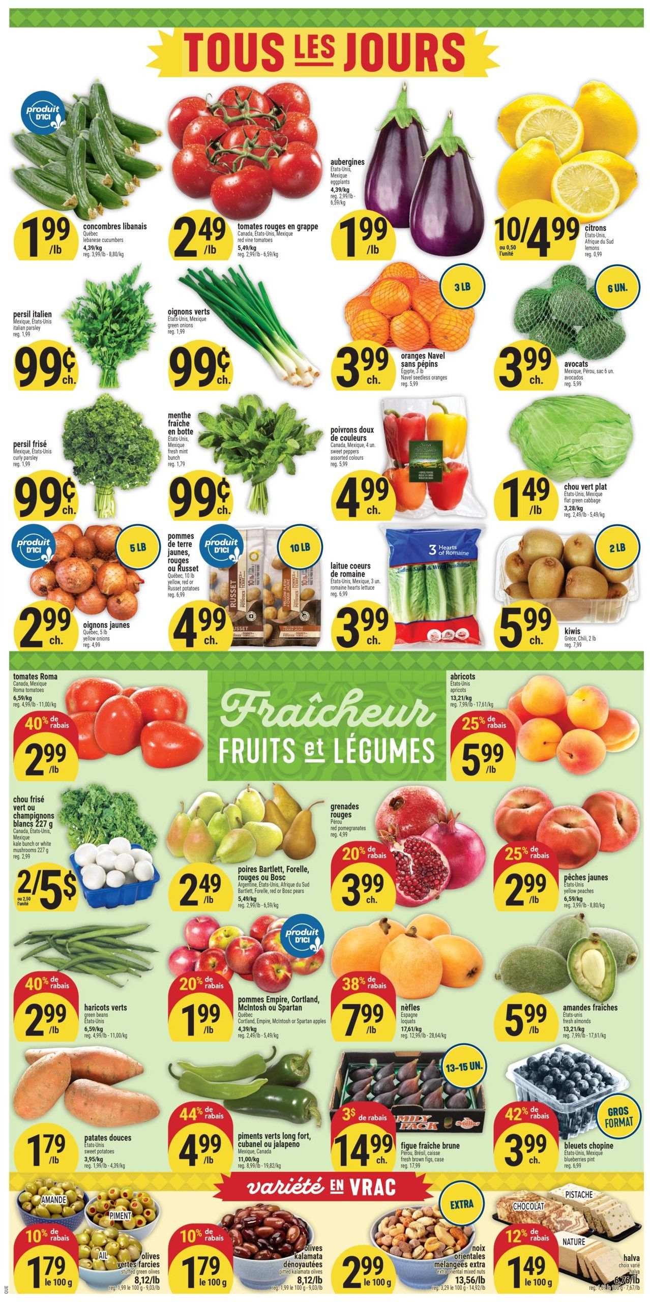 Adonis Weekly Flyer Specials Page 2 features a wide selection of fresh fruits and vegetables. Highlights include Lebanese cucumbers for $1.99/lb, red vine tomatoes for $2.49/lb, and eggplants for $1.99/lb. Also available are Italian parsley and green onions for $0.99 each bunch, Navel oranges for $3.99/bag, and avocados for $3.99 each (6 units). Sweet yellow onions are $2.99/lb, and 5 lb bags of yellow or red russet potatoes are $4.99. Fresh mint is $0.99/bunch. Colourful bell peppers are $4.99/bag. Flat green cabbage is $1.49/lb, and kiwis are $5.99/bag (2 lb). Roma tomatoes are on sale for $2.99/lb with a 40% discount. Fresh green beans are 2/$5. Bartlett, Forelle, red or Bosc pears are $2.49/lb. Pomegranates are $3.99 each with a 20% discount. Peaches are $2.99/lb with a 25% discount. Apples (Empire, Cortland, McIntosh or Spartan) are $1.99/lb with a 20% discount. Nèfles are $7.99/lb with a 38% discount. Fresh almonds are $5.99/lb. Sweet potatoes are $1.79/lb. Long hot, cubanelle or jalapeno peppers are $4.99/lb with a 44% discount. Fresh brown figs are $14.99 per case with a 3% discount. Blueberries (42% off) are $3.99/box. Also featured are olives (green stuffed or Kalamata) for $1.79 per 100g with a 10% discount, mixed nuts for $2.99 per 100g, and halva (pistachio or nature) for $1.49 per 100g with a 12% discount.