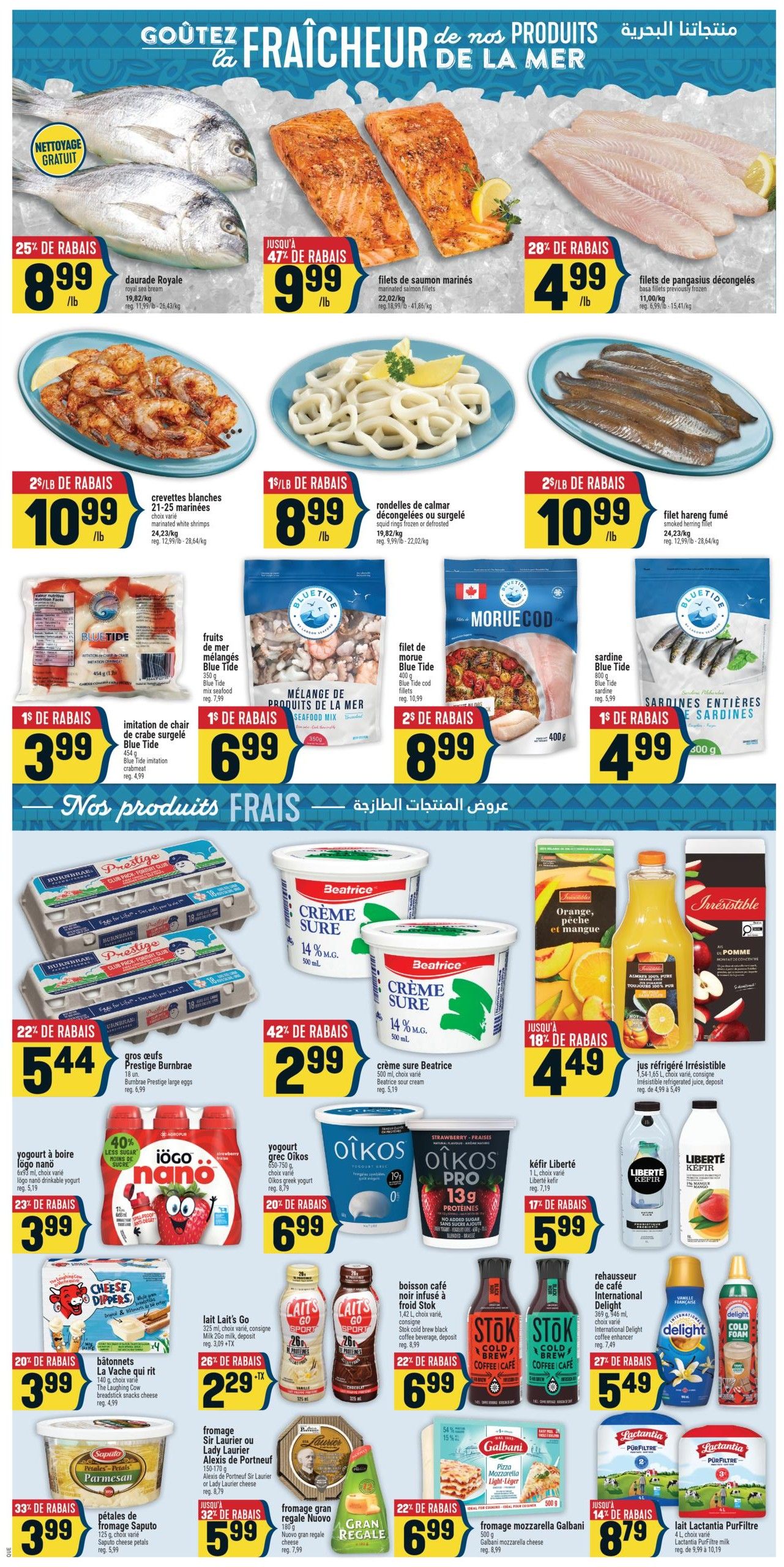 Adonis Weekly Flyer Specials Page 4 features a wide selection of fresh and frozen seafood, dairy products, and beverages. Top offers include Royal Daurade fish at $8.99/lb with 25% off, marinated salmon fillets at $9.99/lb with up to 47% off, and frozen pangasius fillets at $4.99/lb with 28% off. Also available are white shrimp for $10.99/lb, frozen calamari rings for $8.99/lb, and smoked herring fillets for $10.99/lb. Frozen seafood options include Blue Tide crab imitation for $3.99, Blue Tide seafood mix for $6.99, Blue Tide cod fillets for $8.99, and Blue Tide sardines for $4.99. Dairy and fresh items include Prestige Burnbrae large eggs for $5.44 (22% off), Beatrice sure cream for $2.99 (42% off), Irresistible refrigerated juice for $4.49 (up to 18% off). Yogurt options include iögo nano drinkable yogurt for $3.99 (23% off), Oikos Greek yogurt for $6.99 (20% off), and Oikos Pro yogurt for $6.99. Other items include The Laughing Cow cheese dippers for $3.99 (20% off), Laits Go milk for $2.29 (26% off), Stok cold brew black coffee for $6.99 (22% off), Liberté kefir for $5.99 (17% off), International Delight coffee enhancer for $5.49 (27% off), Saputo Parmesan petals for $3.99 (33% off), Gran Gusto cheese for $5.99 (up to 32% off), Galbani mozzarella light-easy pizza for $6.99 (22% off), and Lactantia Purfiltre milk for $8.79 (up to 14% off).