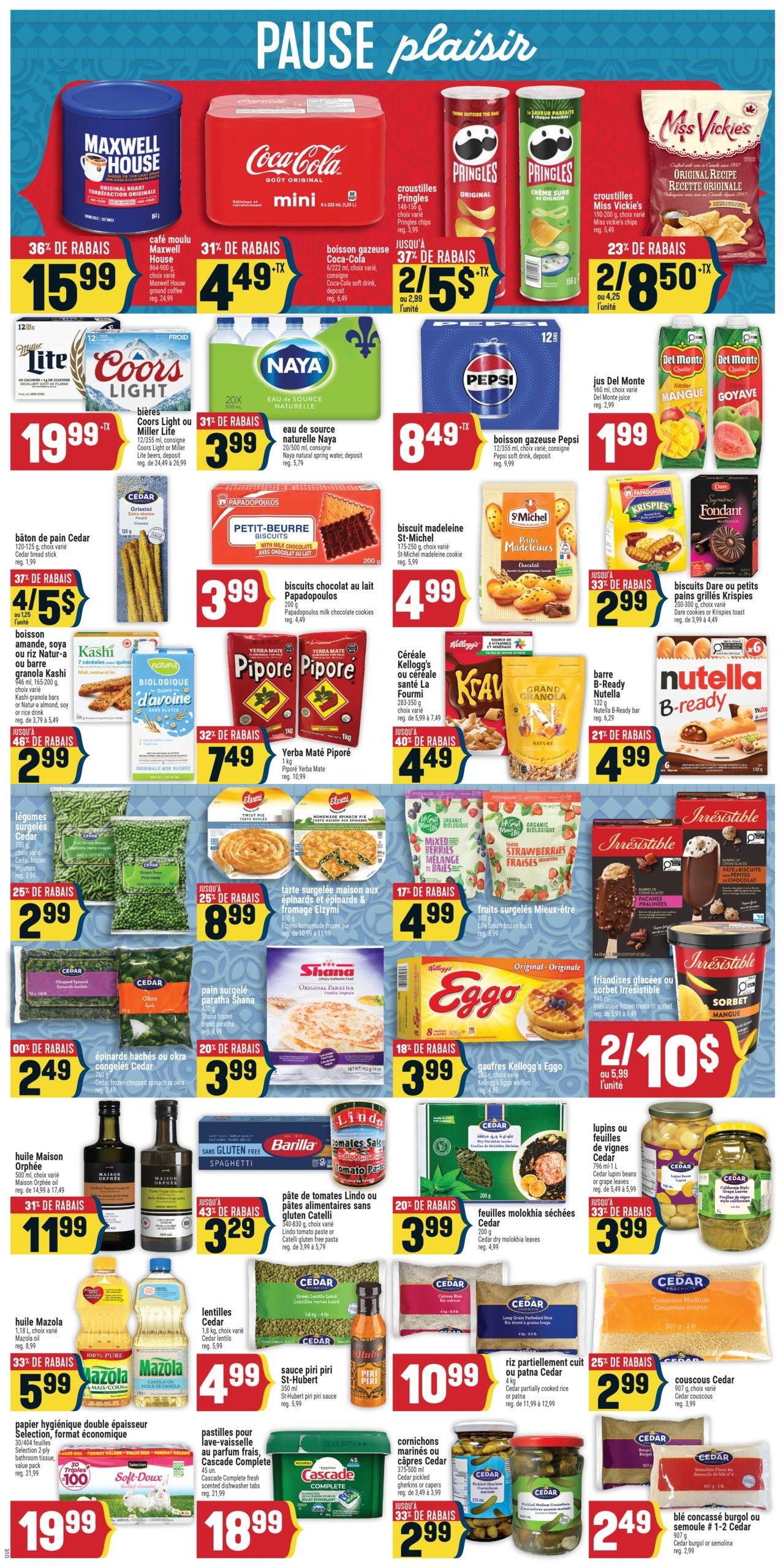 Adonis Weekly Flyer Specials Page 6 features a wide variety of grocery items. Top deals include Maxwell House Original Roast coffee for $15.99 (36% off), Coca-Cola mini cans for $4.49 (31% off), and Pringles chips for $2.50 each (37% off). Also featured are Miss Vickie's chips for $2.85 each (23% off). Beverage options include Coors Light or Miller Life beers for $19.99, Naya natural spring water for $3.99, and Pepsi 12-pack cans for $8.49. Del Monte juice is on sale for $1.99. Snacks include Cedar bread sticks for $4.50 (37% off), Papapapadopoulos milk chocolate cookies for $3.99, St-Michel madeleine cookies for $4.99, and Dare crispy biscuits for $2.99 (33% off). Cereal choices are Kashi granola bars for $2.99 (46% off), Piporé Yerba Mate for $7.49 (32% off), and Kellogg's Krave or Special K cereal for $4.49 (40% off). Frozen items include Cedar frozen chopped spinach or okra for $2.49 (25% off), Ezymi frozen homemade pizza for $4.99 (17% off), and Irresistible frozen ice cream bars and sorbet for $4.99. Other frozen options are El-Ezz frozen spinach pie for $8.99 (25% off), and Eggo waffles for $3.99 (18% off). Pantry staples include Barilla gluten-free spaghetti for $3.29 (43% off), Linda Tomatoes Salsa for $3.99, and Cedar frozen molokhia leaves for $3.99. Maison Orphée olive oil is $11.99 (31% off), and Mazola oil is $5.99 (33% off). Cedar partially cooked rice or paratha is $10.99. Cedar couscous is $2.99 (25% off). Other items include Cedar frozen vegetables for $2.99 (25% off), St-Hubert piri piri sauce for $10.99, and Cedar pickled gherkins or capers for $2.99 (33% off). Finally, Cascade Complete dishwasher tabs are $18.99, and Selection double-ply toilet paper is $19.99.