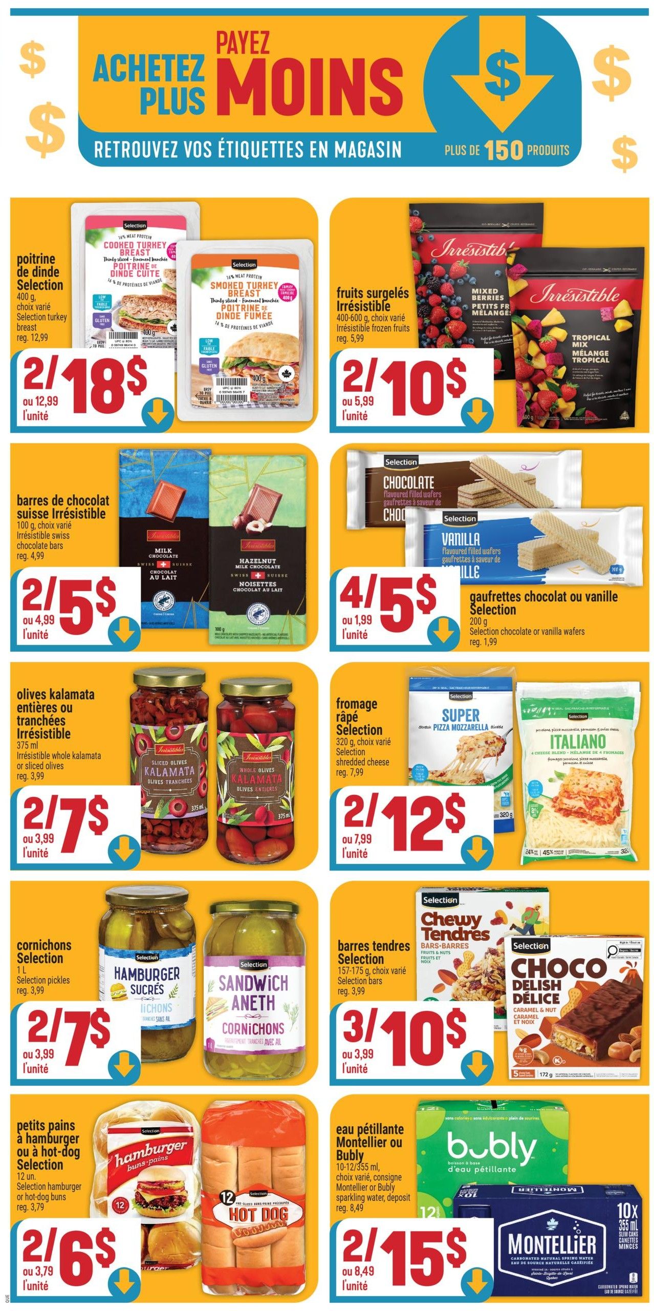Adonis Weekly Flyer Specials Page 8 features a 'Buy More, Save More' theme. Promotions include Selection cooked or smoked turkey breast at 2 for $18, Irresistible frozen fruits (mixed berries or tropical mix) at 2 for $10, and Irresistible Swiss chocolate bars at 2 for $5. Also featured are Selection chocolate or vanilla wafers at 4 for $5, Irresistible whole or sliced Kalamata olives at 2 for $7, and Selection shredded cheese at 2 for $12. Other deals include Selection pickles at 2 for $7, Selection bars (Chewy Tendres or Choco Delish) at 3 for $10, Selection hamburger or hot dog buns at 2 for $6, and Montellier or Bubly sparkling water at 2 for $15.