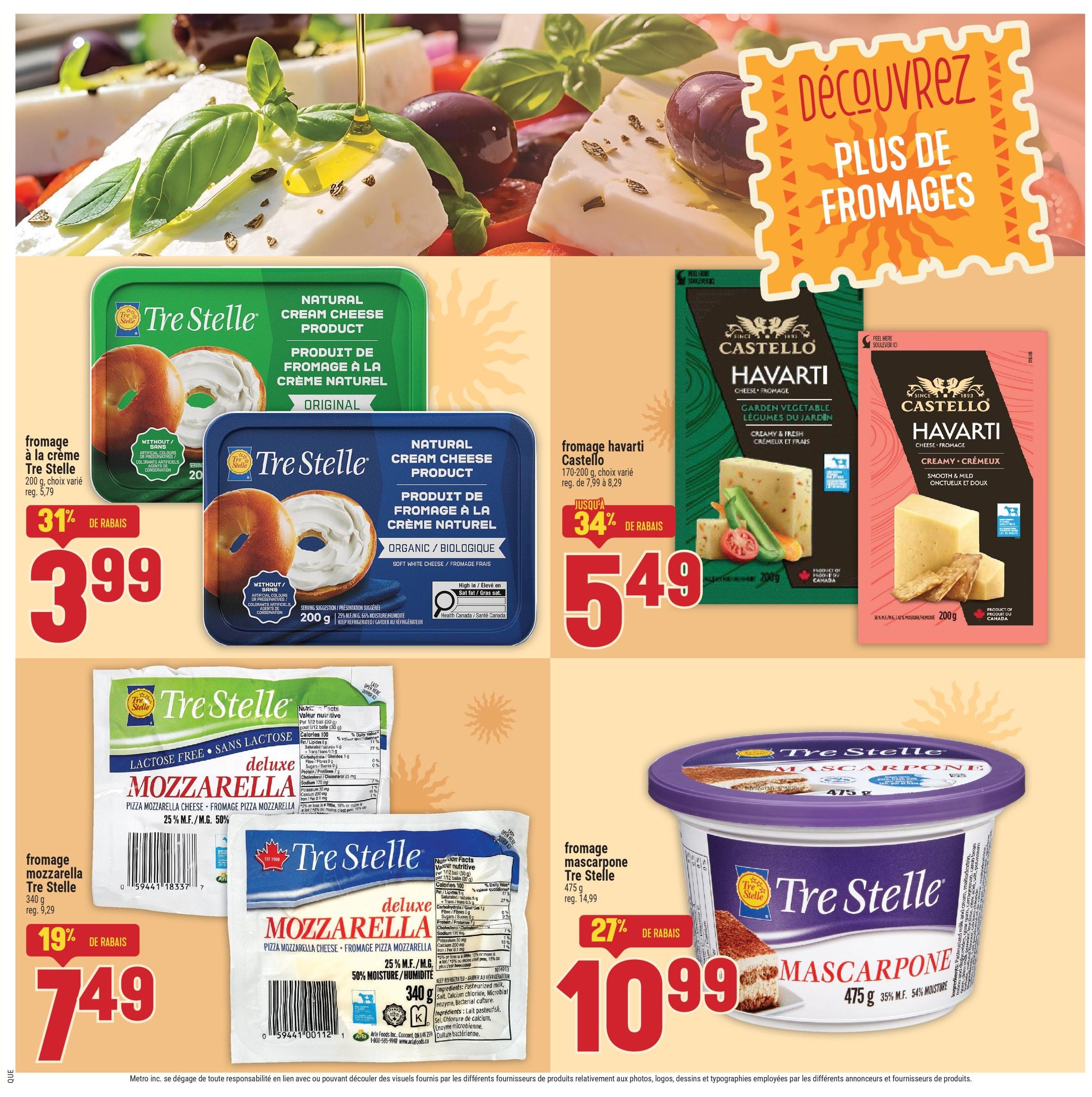 Adonis Weekly Flyer Specials, Page 10. Features Tre Stelle Natural Cream Cheese Product, original flavour, 200g, on sale for $3.99 with 31% off. Also featured are Castello Havarti cheeses: Garden Vegetable flavour (170-200g) for $5.49 with up to 34% off, and Creamy Cremaux flavour (200g). Additionally, Tre Stelle Deluxe Mozzarella Pizza Cheese (340g) is on sale for $7.49 with 19% off, and Tre Stelle Mascarpone (475g) is $10.99 with 27% off.