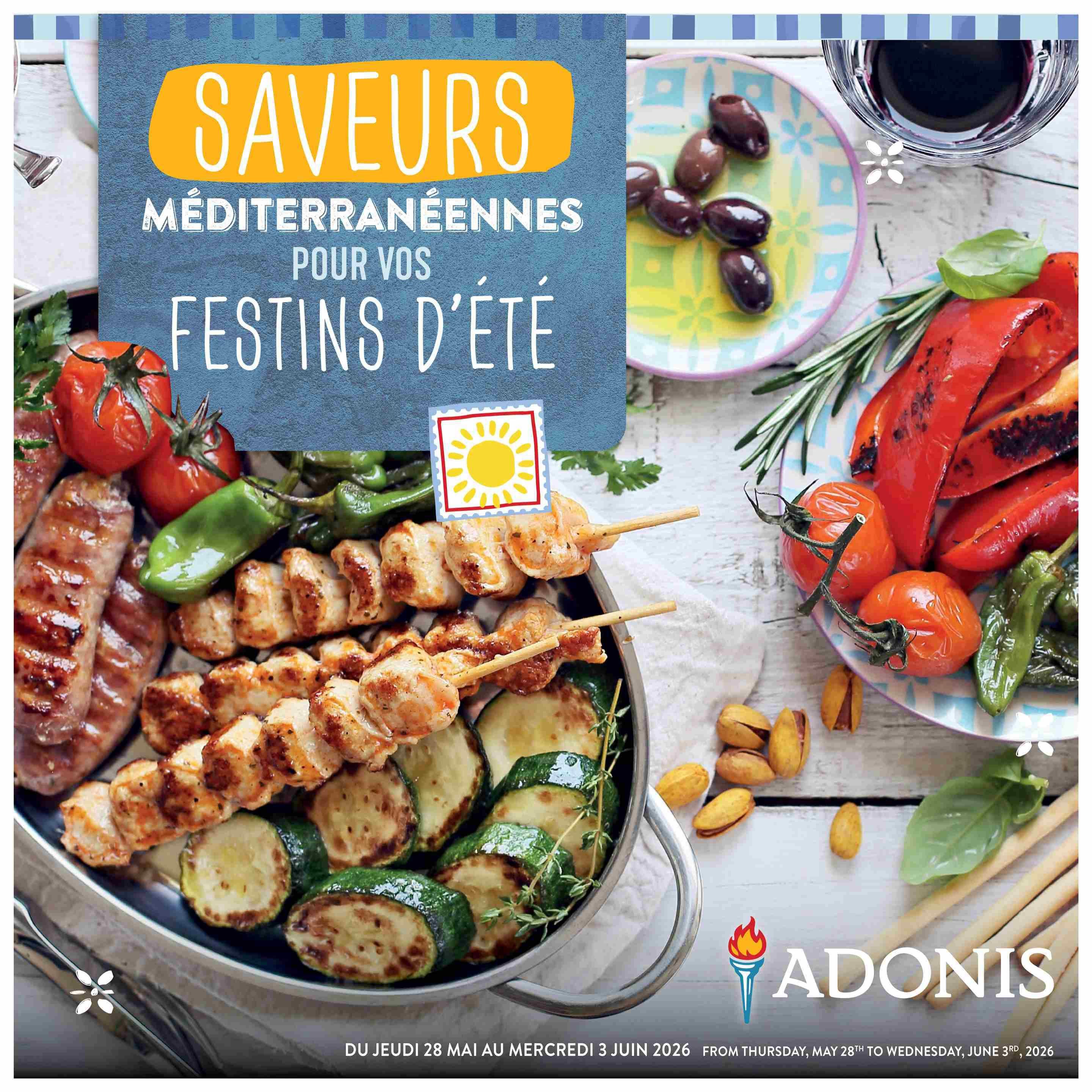 Adonis flyer page featuring Mediterranean flavours for summer feasts. The page showcases grilled skewers of chicken and sausages with grilled zucchini, tomatoes, and peppers. Also visible are olives, pistachios, and a glass of red wine. The flyer is valid from Thursday, May 28th to Wednesday, June 3rd, 2026.