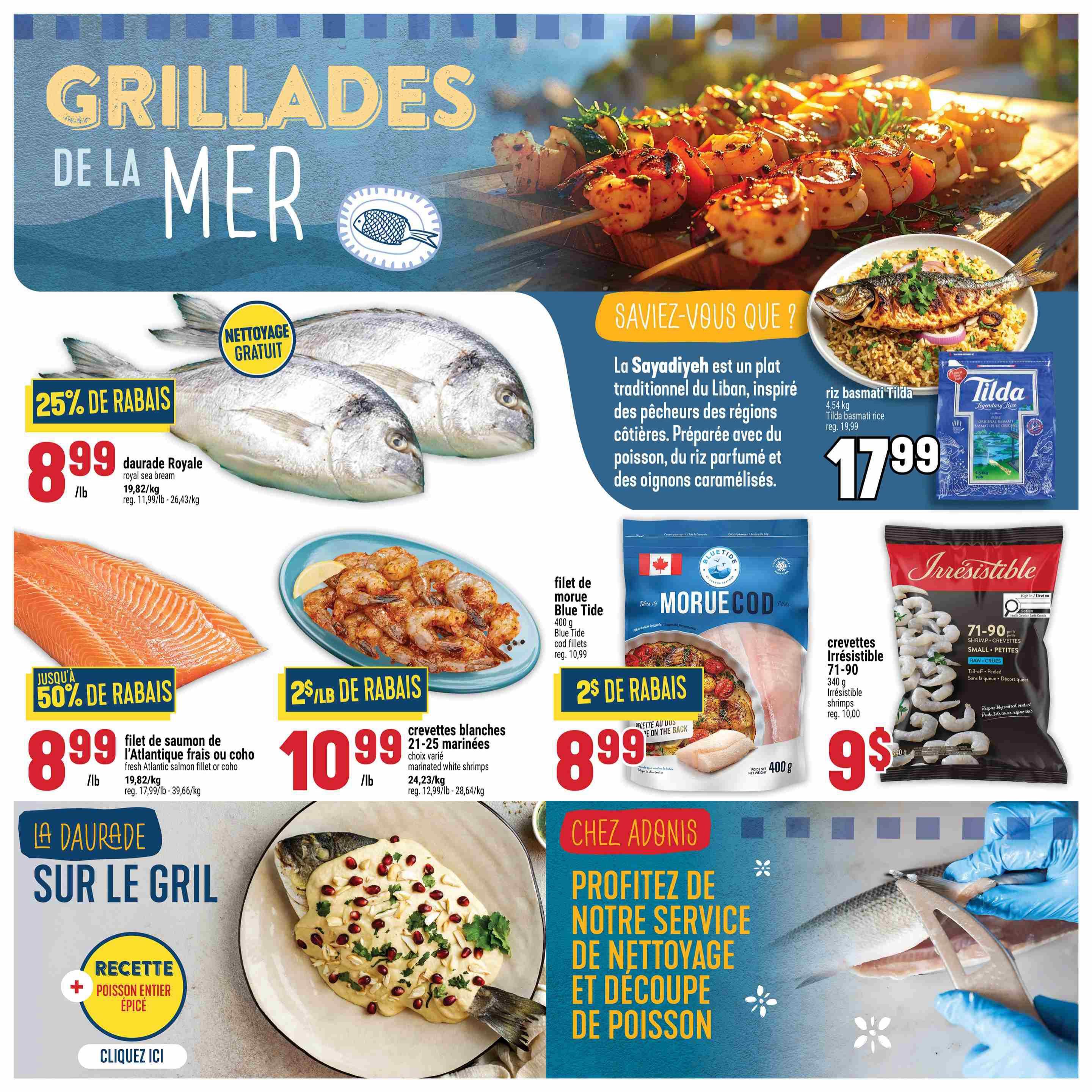 Adonis weekly flyer specials page 13, featuring 'Grillades de la Mer' (Seafood Grills). Offers include: Daurade Royale (Royal Sea Bream) at $8.99/lb with 25% off, regular price $11.99/lb. Fresh Atlantic salmon fillet or coho salmon at up to 50% off, priced at $8.99/lb, regular price $17.99/lb. Marinated white shrimps (21-25 count) for $10.99/lb, regular price $12.99/lb. Irresistible 71-90 count small, peeled, raw shrimps for $9, regular price $10. Also featured is Tilda basmati rice (4.54 kg) for $17.99, regular price $19.99. A section highlights 'Did you know?' about Sayadiyeh, a traditional Lebanese dish. The page also promotes Adonis's free fish cleaning and cutting service.