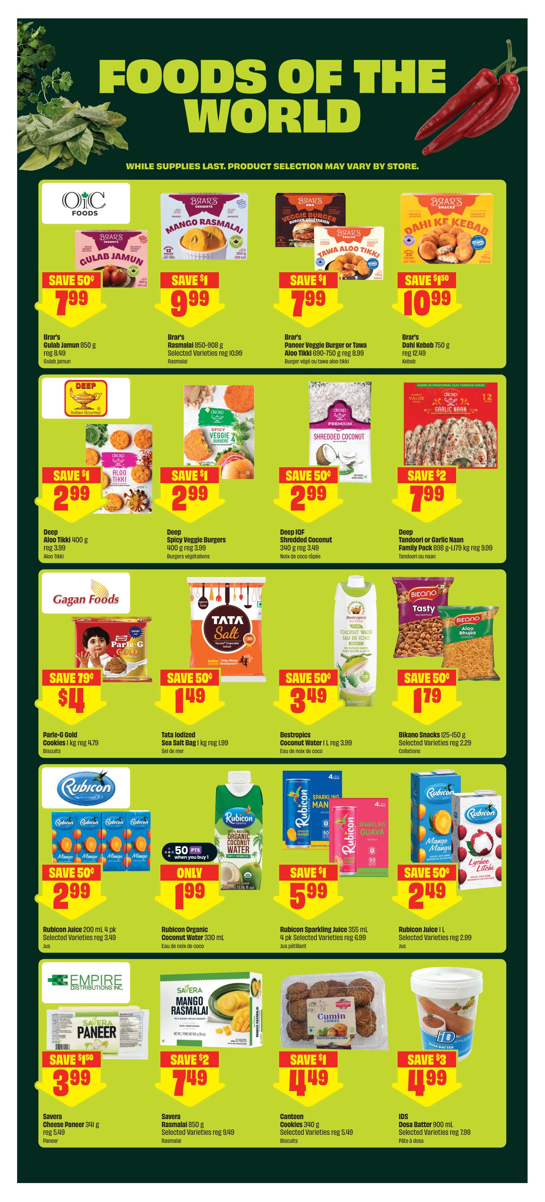 FreshCo weekly flyer specials page 12, featuring 'Foods of the World' with various international food items. On sale are Brar's Gulab Jamun 850 g for $7.99 (save $0.50), Brar's Rasmalai 850-908 g for $9.99 (save $1), Brar's Paneer Veggie Burger or Tawa Aloo Tikki 690-750 g for $7.99 (save $1), and Brar's Dahi Kebab 750 g for $10.99 (save $1.50). Also featured are Deep Aloo Tikki 400 g for $2.99 (save $1), Deep Spicy Veggie Burgers 400 g for $2.99 (save $1), Deep IQF Shredded Coconut 340 g for $2.99 (save $0.50), and Deep Tandoori or Garlic Naan Family Pack 898 g for $7.99 (save $2). Gagan Foods offers Parle-G Gold Cookies 1 kg for $4 (save $0.79). Tata Iodized Sea Salt Bag 1 kg is $1.49 (save $0.50). Bestropics Coconut Water 1 L is $3.49 (save $0.50). Bikano Snacks 125-150 g are $1.79 (save $0.50). Rubicon Juice 200 mL 4 pk is $2.99 (save $0.50). Rubicon Organic Coconut Water 330 mL is only $1.99 when you buy 1 (50 pts). Rubicon Sparkling Juice 355 mL 4 pk is $5.99 (save $1). Rubicon Juice 1 L is $2.49 (save $0.50). Savera Cheese Paneer 341 g is $3.99 (save $1.50). Savera Rasmalai 850 g is $7.49 (save $2). Canteen Cookies 340 g are $4.49 (save $1). IDS Dosa Batter 900 mL is $4.99 (save $3).