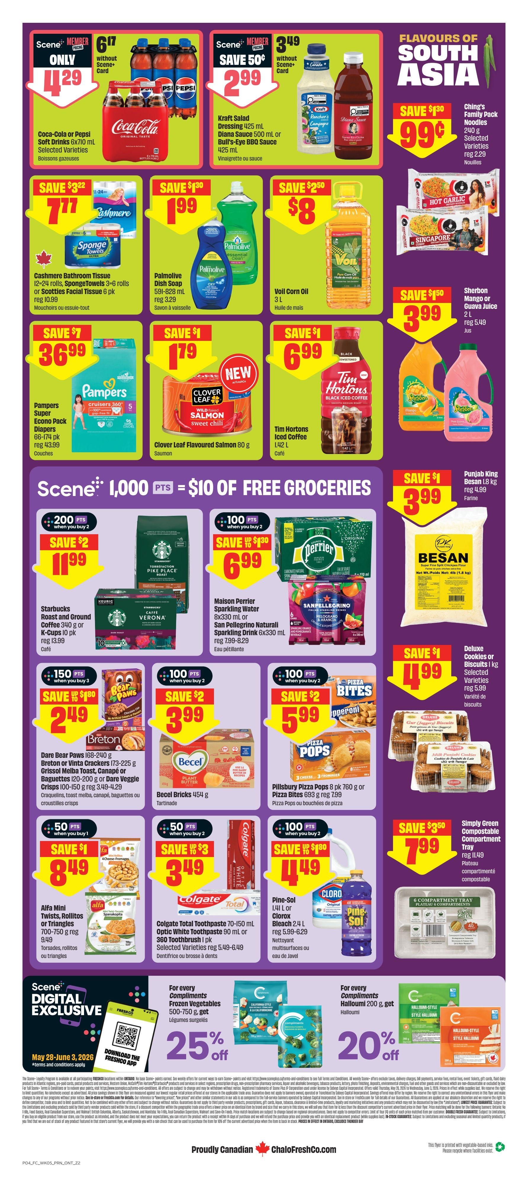 FreshCo Ontario flyer, page 2. Scene Member exclusive deals include Coca-Cola or Pepsi Soft Drinks for $4.29, Kraft Salad Dressing or Diana/Bull's-Eye BBQ Sauce for $2.99, and Ching's Family Pack Noodles for $0.99. Other featured products include Cashmere Bathroom Tissue or SpongeTowels for $7.77, Palmolive Dish Soap for $1.99, Voil Corn Oil for $8, Pampers Super Econo Pack Diapers for $36.99, Clover Leaf Flavoured Salmon for $1.79, Tim Hortons Iced Coffee for $6.99, and Sherban Mango or Guava Juice for $3.99. Scene members can earn 1,000 points for $10 of free groceries. Deals on Starbucks Roast and Ground Coffee for $1.99, Maison Perrier Sparkling Water or San Pellegrino Naturali Sparkling Drink for $6.99, and Punjab King Besan for $3.99. Also featured are Dare Bear Paws or Breton/Vinta Crackers for $2.49, Becel Bricks for $3.99, Pillsbury Pizza Pops for $5.99, Alfa Mini Twists, Rollitos or Triangles for $8.49, Colgate Total Toothpaste or Toothbrush pk for $3.49, and Pine-Sol or Clorox Bleach for $4.49. Enjoy 25% off Compliments Frozen Vegetables (500-750 g) and 20% off Compliments Halloumi (200 g). Scene+ members can get 25% off frozen vegetables and 20% off Halloumi. Valid May 28 - June 3, 2026.