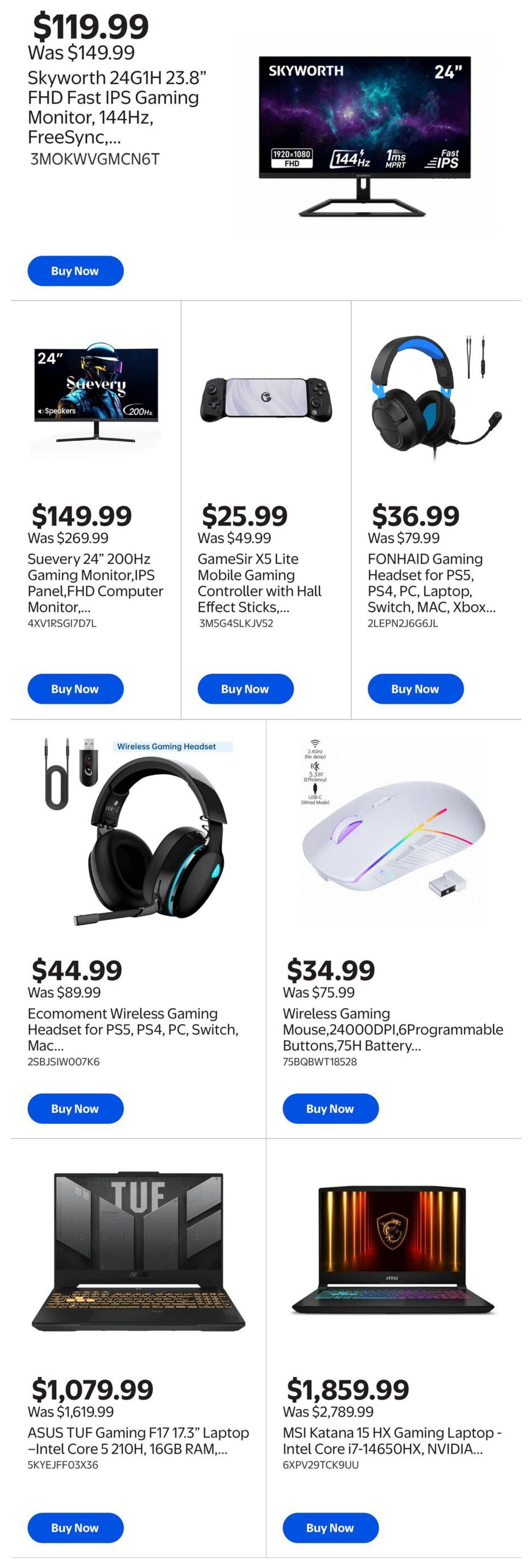Walmart Canada Gaming & Entertainment flyer, Page 5. Featured products include the Skyworth 24G1H 23.8' FHD Fast IPS Gaming Monitor, 144Hz, FreeSync for $119.99 (was $149.99). Also available are the Suevery 24' 200Hz Gaming Monitor, IPS Panel, FHD Computer Monitor for $149.99 (was $269.99), Gamesir X5 Lite Mobile Gaming Controller with Hall Effect Sticks for $25.99 (was $49.99), and FONHAID Gaming Headset for PS5, PS4, PC, Laptop, Switch, MAC, Xbox for $36.99 (was $79.99). Additionally, the Ecomoment Wireless Gaming Headset for PS5, PS4, PC, Switch, Mac is on sale for $44.99 (was $89.99). A Wireless Gaming Mouse with 24000DPI and 75H Battery is priced at $34.99 (was $75.99). High-performance laptops are also featured: the ASUS TUF Gaming F17 17.3' Laptop with Intel Core 5 210H and 16GB RAM for $1,079.99 (was $1,619.99), and the MSI Katana 15 HX Gaming Laptop with Intel Core i7-14650HX and NVIDIA graphics for $1,859.99 (was $2,789.99).