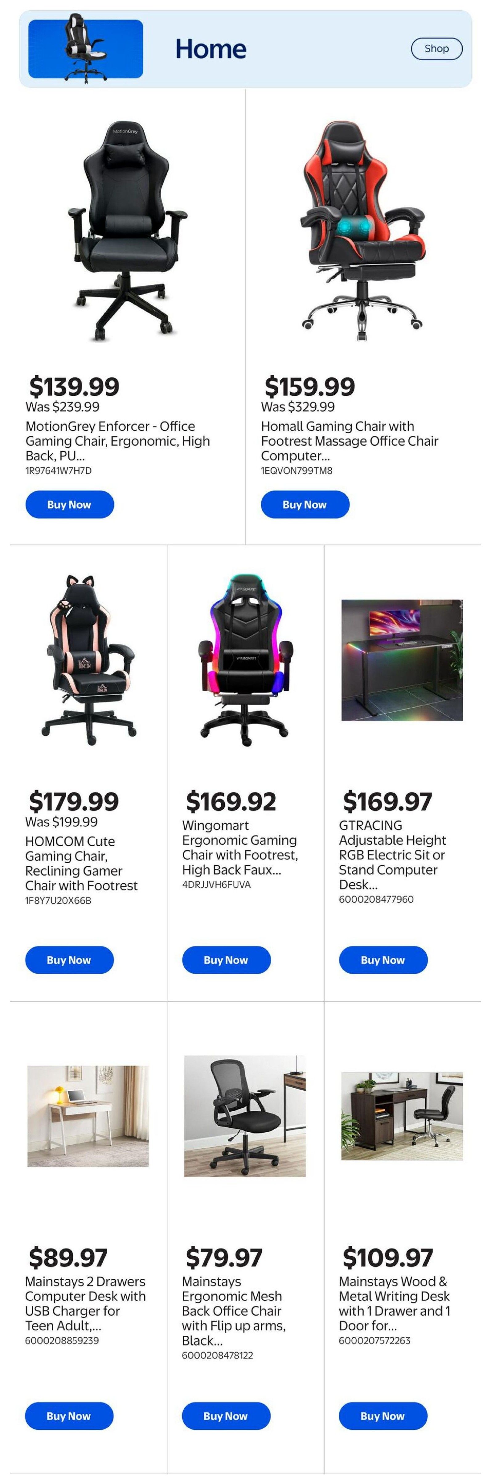 Walmart Canada Gaming & Entertainment flyer, Page 7. Featured items include the MotionGrey Enforcer Office Gaming Chair for $139.99 (was $239.99), Homall Gaming Chair with Footrest Massage Office Chair for $159.99 (was $329.99), HOMCOM Cute Gaming Chair Reclining Gamer Chair with Footrest for $179.99 (was $199.99), Wingomart Ergonomic Gaming Chair with Footrest High Back Faux Leather for $169.92, and GTRACING Adjustable Height RGB Electric Sit or Stand Computer Desk for $169.97. Also available are Mainstays 2 Drawers Computer Desk with USB Charger for Teen Adults for $89.97, Mainstays Ergonomic Mesh Back Office Chair with Flip up arms in Black for $79.97, and Mainstays Wood & Metal Writing Desk with 1 Drawer and 1 Door for $109.97.