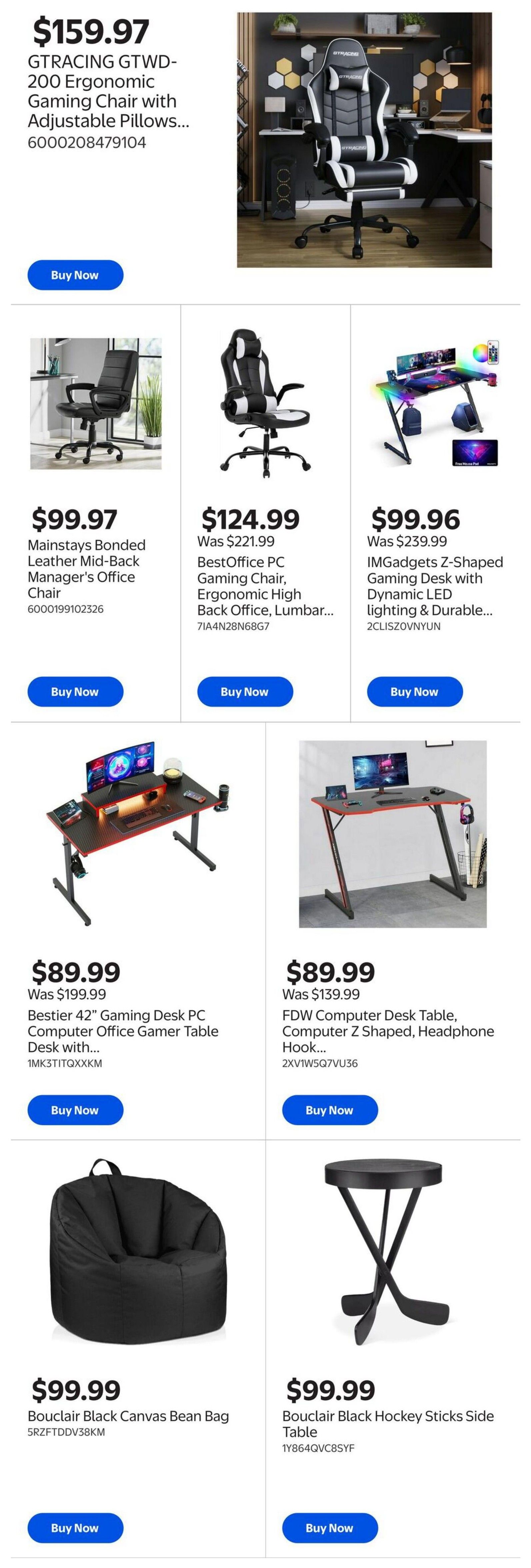 Walmart Canada Gaming & Entertainment flyer, page 8. Features a GTRACING GTWD-200 Ergonomic Gaming Chair with adjustable pillows for $159.97. Also available are a Mainstays Bonded Leather Mid-Back Manager's Office Chair for $99.97, a BestOffice PC Gaming Chair for $124.99 (was $221.99), and an IMGadgets Z-Shaped Gaming Desk with dynamic LED lighting for $99.96 (was $239.99). Additional items include a Bestier 42' Gaming Desk PC Computer Office Gamer Table for $89.99 (was $199.99), an FDV Computer Desk Table, Computer Z Shaped, with Headphone Hook for $89.99 (was $139.99), a Bouclair Black Canvas Bean Bag for $99.99, and a Bouclair Black Hockey Sticks Side Table for $99.99.