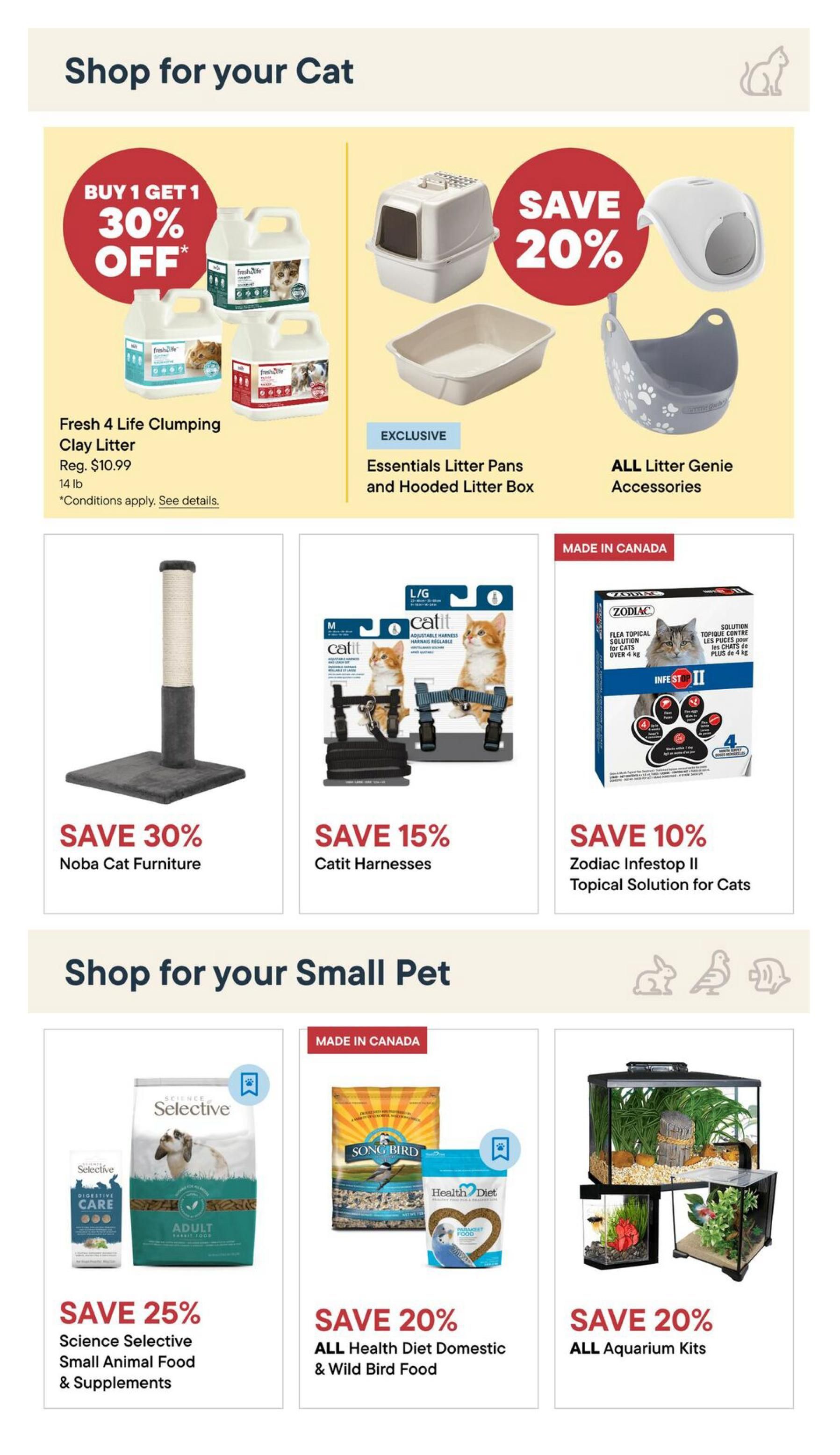 Pet Valu flyer page 7 features 'Shop for your Cat' with Buy 1 Get 1 30% off Fresh 4 Life Clumping Clay Litter, regular price $10.99 for 14 lb. Also save 20% on Essentials Litter Pans and Hooded Litter Box, and ALL Litter Genie Accessories. Save 30% on Noba Cat Furniture and 15% on Catit Harnesses. Additionally, save 10% on Zodiac Infestop II Topical Solution for Cats. The page also includes 'Shop for your Small Pet' with save 25% on Science Selective Small Animal Food & Supplements, save 20% on ALL Health Diet Domestic & Wild Bird Food, and save 20% on ALL Aquarium Kits.