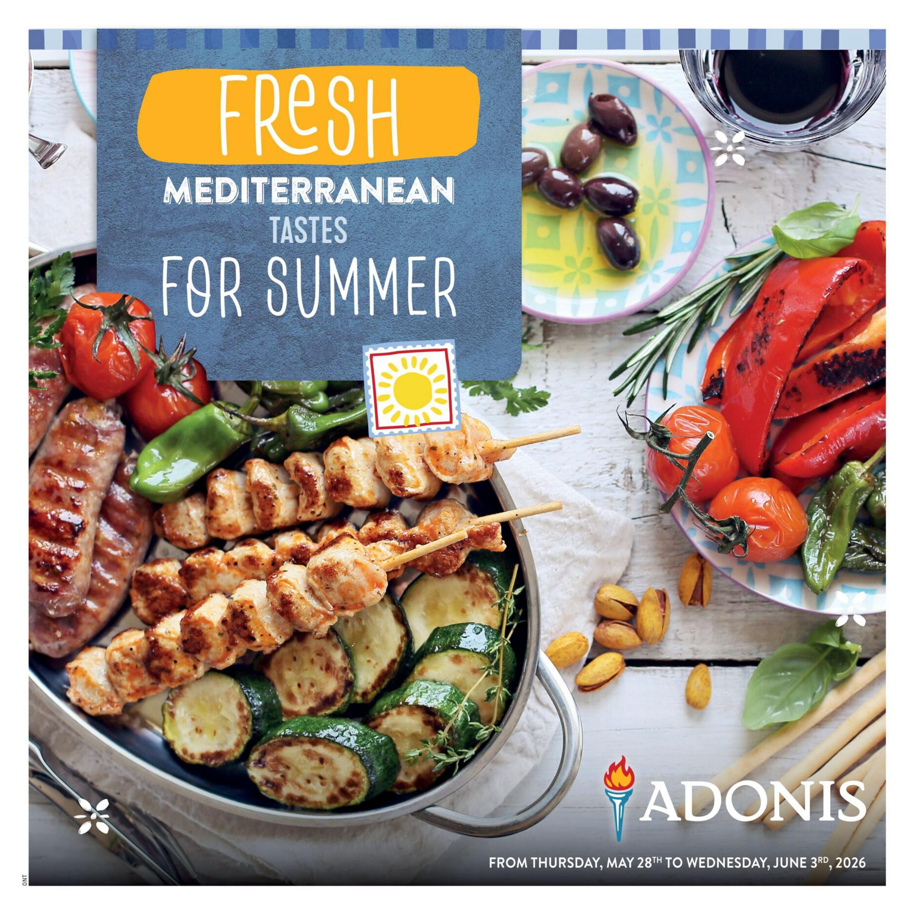 Adonis weekly flyer specials page 8, featuring 'Fresh Mediterranean Tastes for Summer'. The page showcases a platter of grilled food including sausages, chicken skewers, grilled zucchini slices, cherry tomatoes, and green peppers. Also visible are plates with olives and grilled red peppers, along with pistachios and breadsticks. The flyer is valid from Thursday, May 28th to Wednesday, June 3rd, 2026.