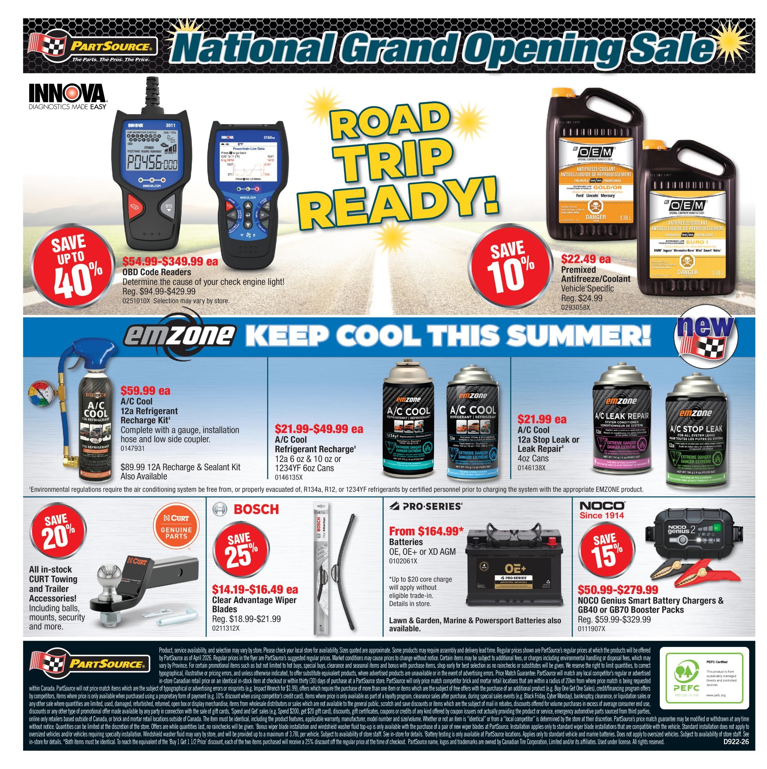 PartSource National Grand Opening Sale flyer, page 4. Features 'Road Trip Ready!' theme. Save up to 40% on INNOVA OBD Code Readers, priced from $54.99-$349.99. Save 10% on OEM Premixed Antifreeze/Coolant, priced at $22.49. emzone products include A/C Cool 12a Refrigerant Recharge Kit for $59.99, and A/C Cool 12a Stop Leak or Leak Repair for $21.99. Also available is the emzone 12a Recharge & Sealant Kit for $89.99. Save 20% on all in-stock CURT Towing and Trailer Accessories. Save 25% on BOSCH Clear Advantage Wiper Blades, priced from $14.19-$16.49. PRO-SERIES Batteries (OE, OE+ XD AGM) are available from $164.99. NOCO Genius Smart Battery Chargers & GB40 or GB70 Booster Packs are on sale for $50.99-$279.99, with a save 15% discount.