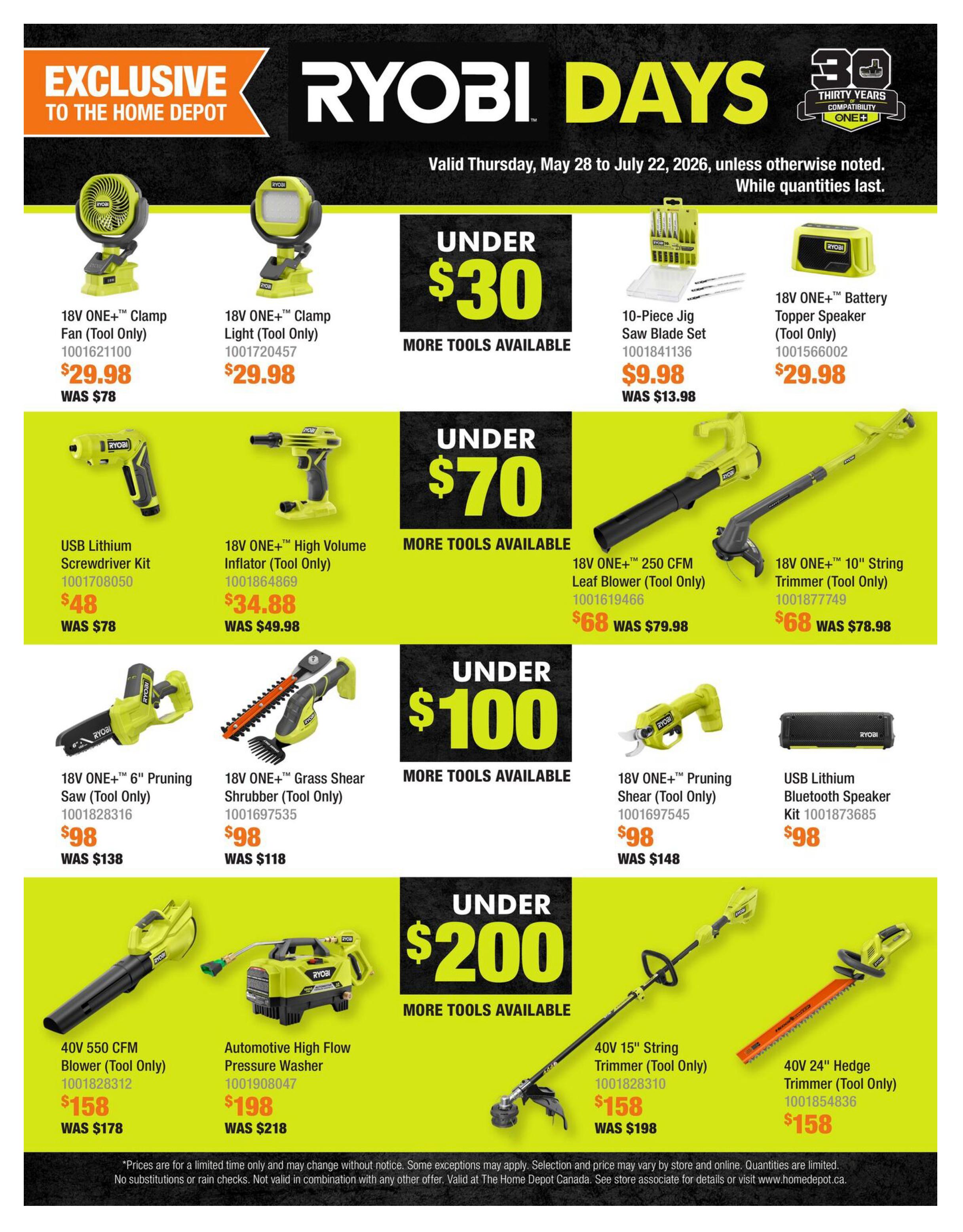Home Depot Ryobi Days flyer, page 3. Exclusive offers include the 18V ONE+ Clamp Fan (Tool Only) for $29.98, originally $78. The 18V ONE+ Clamp Light (Tool Only) is also $29.98, originally $78. A 10-Piece Jig Saw Blade Set is available for $9.98, down from $13.98. The 18V ONE+ Battery Topper Speaker (Tool Only) is $29.98. Featured under $30 are more tools. Under $70, find the USB Lithium Screwdriver Kit for $48 (was $78), the 18V ONE+ High Volume Inflator (Tool Only) for $34.88 (was $49.98), the 18V ONE+ 250 CFM Leaf Blower (Tool Only) for $68 (was $79.98), and the 18V ONE+ 10' String Trimmer (Tool Only) for $68 (was $78.98). Under $100, the 18V ONE+ 6' Pruning Saw (Tool Only) is $98 (was $138), the 18V ONE+ Grass Shear Shrubber (Tool Only) is $98 (was $118), the 18V ONE+ Pruning Shear (Tool Only) is $98 (was $148), and the USB Lithium Bluetooth Speaker Kit is $98. Under $200, the 40V 550 CFM Blower (Tool Only) is $158 (was $178), the Automotive High Flow Pressure Washer is $198 (was $218), the 40V 15' String Trimmer (Tool Only) is $158 (was $198), and the 40V 24' Hedge Trimmer (Tool Only) is $158. Prices are for a limited time only and subject to change. Quantities are limited. Not valid in combination with any other offer. Valid at The Home Depot Canada.