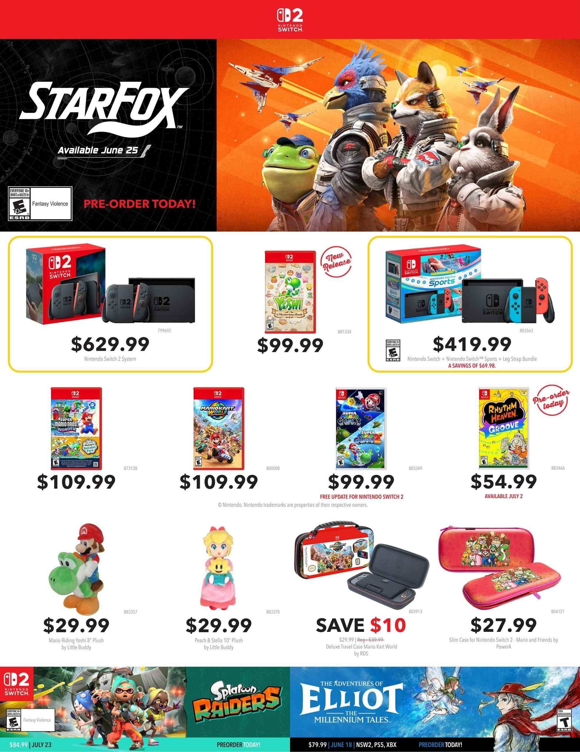 EB Games - GameStop flyer page 2 features the Star Fox game available for pre-order. Featured Nintendo Switch products include the Nintendo Switch System for $629.99, Yoshi's Mysterious Book for $99.99, and the Nintendo Switch + Nintendo Switch Sports + Leg Strap Bundle for $419.99, saving $69.98. Games available are Super Mario Bros. Wonder for $109.99, Mario Kart 8 Deluxe for $109.99, Super Mario Galaxy for $99.99 with a free update for Nintendo Switch 2, and Rhythm Heaven Groove for $54.99, available July 2. Also shown are a Mario Riding Yoshi 8' Plush for $29.99, a Peach & Stella 10' Plush for $29.99, a Deluxe Travel Case for Mario Kart World by RDS for $29.99 (save $10), and a Slim Case for Nintendo Switch 2 - Mario and Friends by PowerA for $27.99. The bottom of the page shows pre-order information for Splatoon Raiders and The Adventures of Elliot - The Millennium Tales.