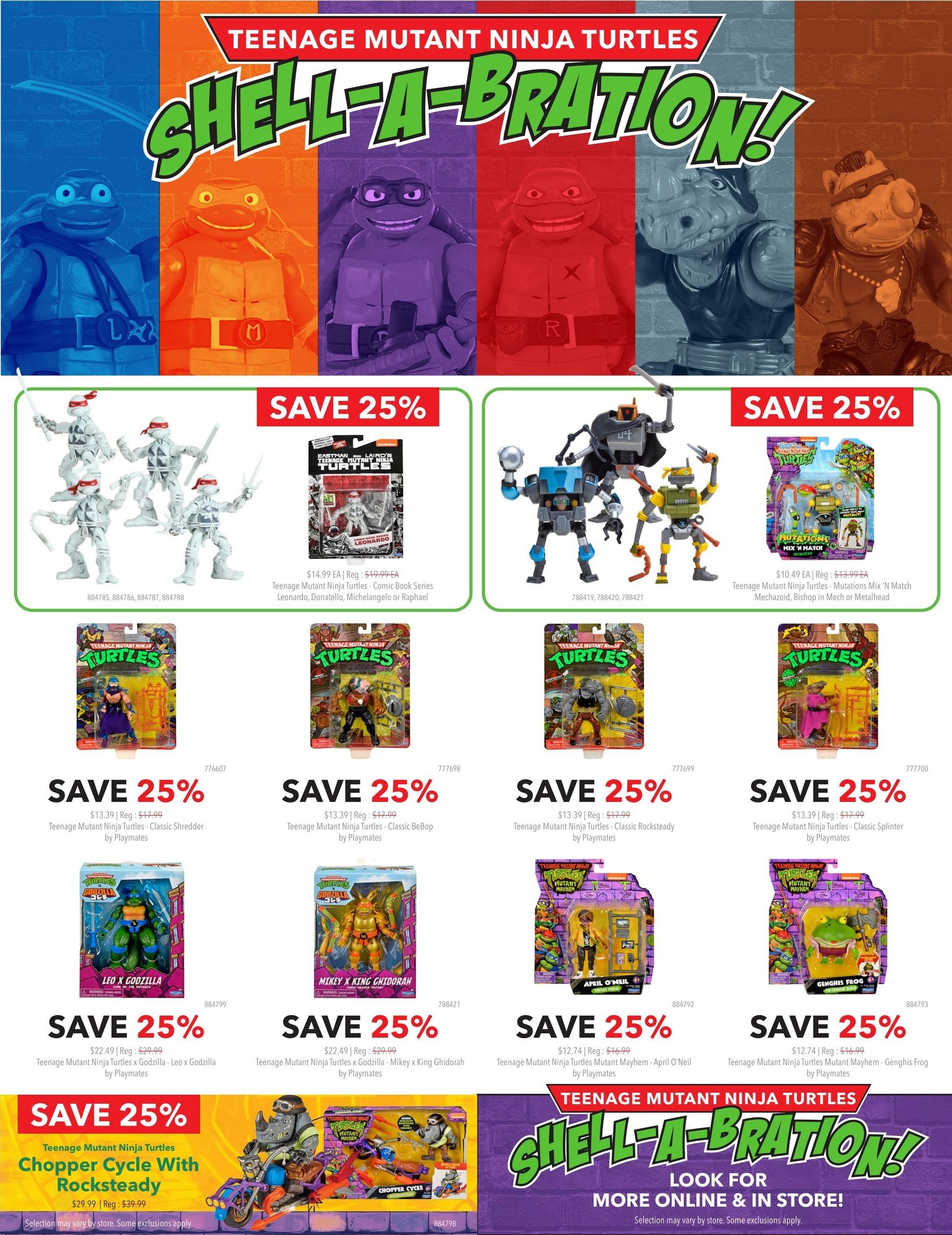 EB Games - GameStop Flyer Specials page 7 features a Teenage Mutant Ninja Turtles Shell-A-Bration event with 25% off select items. Featured products include a set of 5 classic Teenage Mutant Ninja Turtles figures for $14.99 (regularly $19.99), Teenage Mutant Ninja Turtles - Comic Book Series Leonardo, Donatello, Michelangelo or Raphael for $14.99 (regularly $19.99), and a set of robot figures for $10.49 (regularly $13.99). Also on sale are Teenage Mutant Ninja Turtles - Classic Shredder for $13.39 (regularly $17.99), Classic Bebop for $13.39 (regularly $17.99), Classic Rocksteady for $13.39 (regularly $17.99), and Classic Splinter for $13.39 (regularly $17.99). Additionally, save 25% on Teenage Mutant Ninja Turtles x Godzilla - Leo x Godzilla for $22.49 (regularly $29.99) and Mikey x King Ghidorah for $22.49 (regularly $29.99). Teenage Mutant Ninja Turtles Mayhem figures April O'Neil and Genghis Frog are on sale for $12.74 (regularly $16.99). The page also highlights the Teenage Mutant Ninja Turtles Chopper Cycle With Rocksteady for $29.99 (regularly $39.99). Selection may vary by store. Some exclusions apply.