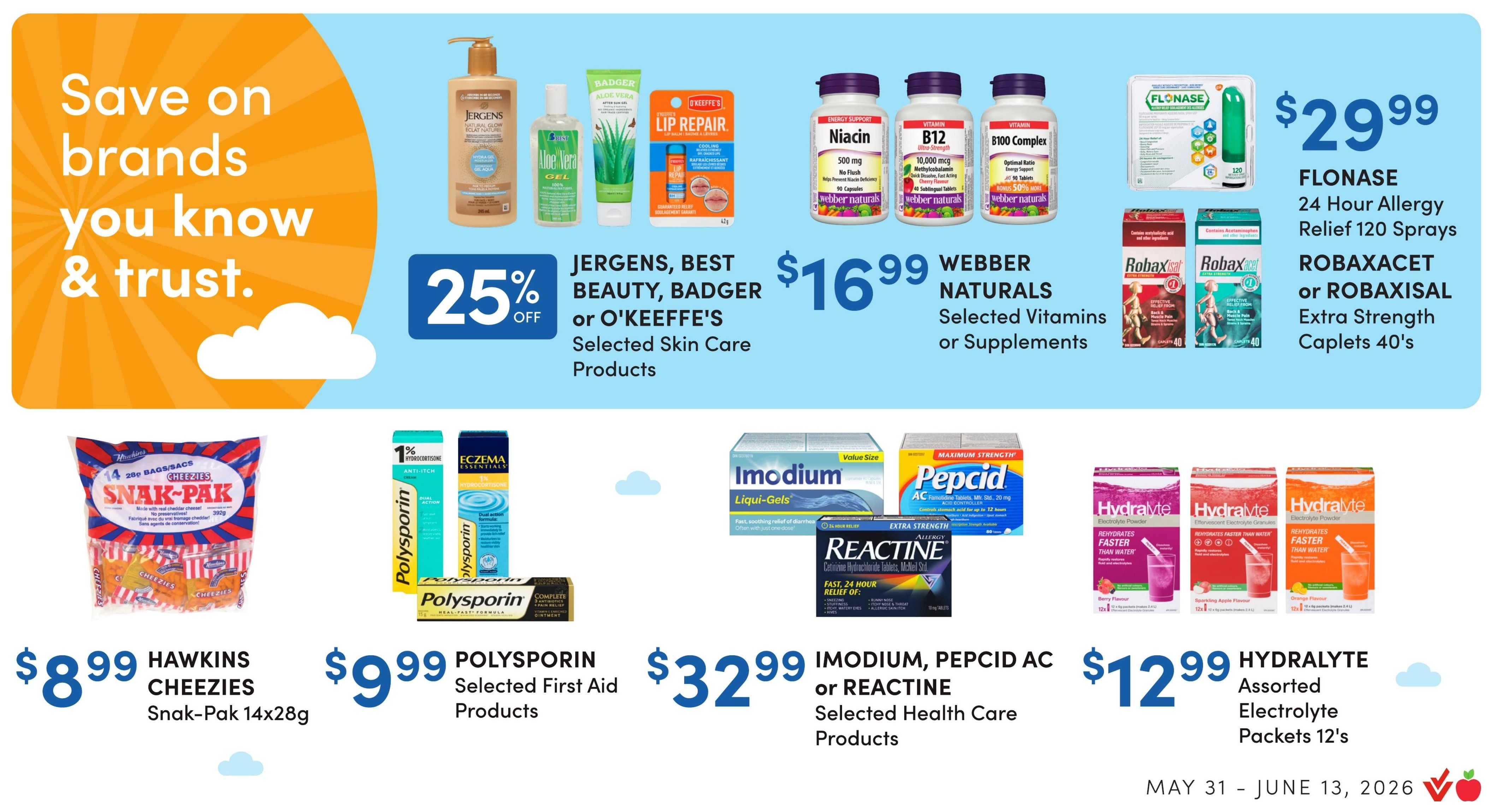Value Drug Mart flyer specials page 4. Featured products include Western Family Tomato, Cream of Chicken or Cream of Mushroom Soup 284mL for 4 for $5.00. Western Family Choc-Full, Maple Eh! Cookies 300g-350g or Assorted Chocolates 180g for $5.49. Western Family Cling Wrap 60m, Freezer Bags 38's or Assorted Household Cleaning Products for $2.69. Western Family Alkaline Batteries AAA 8's or Selected Health Care Products for $5.99. Western Family Complete or Triple Antibiotic Ointment 30g for $7.99. Western Family 3 Day Ovule Therapy plus External Cream Combination Pack for $16.99. Western Family Assorted Liquid Laundry Detergent 4.55L for $17.99. Flyer valid May 31 - June 13, 2026.