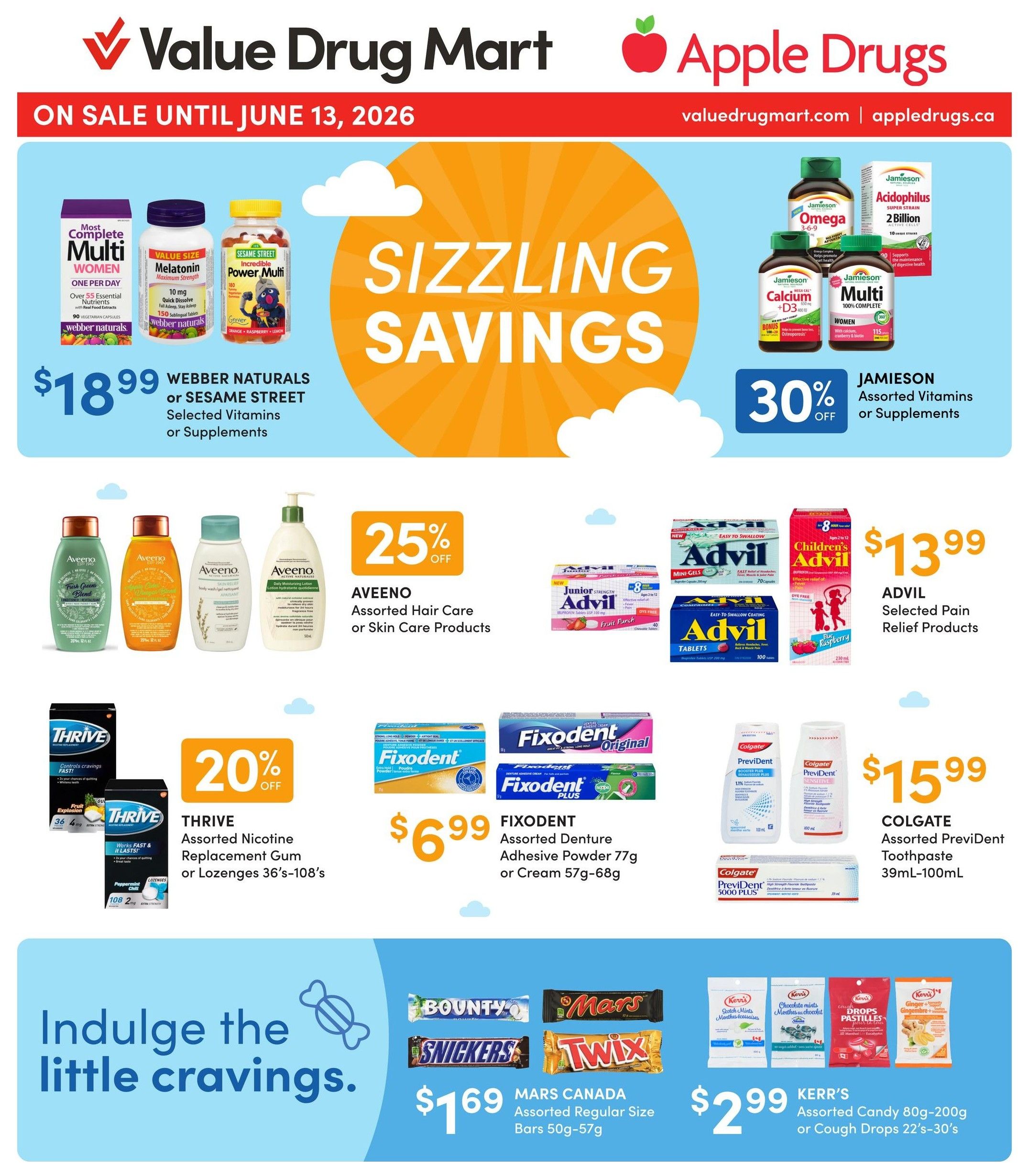 Value Drug Mart flyer page 1: Summer Starts Here! Stock up on sunscreen, bug spray & outdoor essentials, valid until June 13, 2026. Featuring Hawaiian Tropic Assorted Sun Care Products for $12.99. Ombrelle Assorted Sun Care Products are 20% off. Banana Boat Assorted Sun Care Products are $12.99. Great Outdoors Assorted Insect Repellent Products are 20% off. Doktor Doom Assorted Insect Extermination Products are $12.99. Raid Assorted Insect Extermination Products are $9.99.