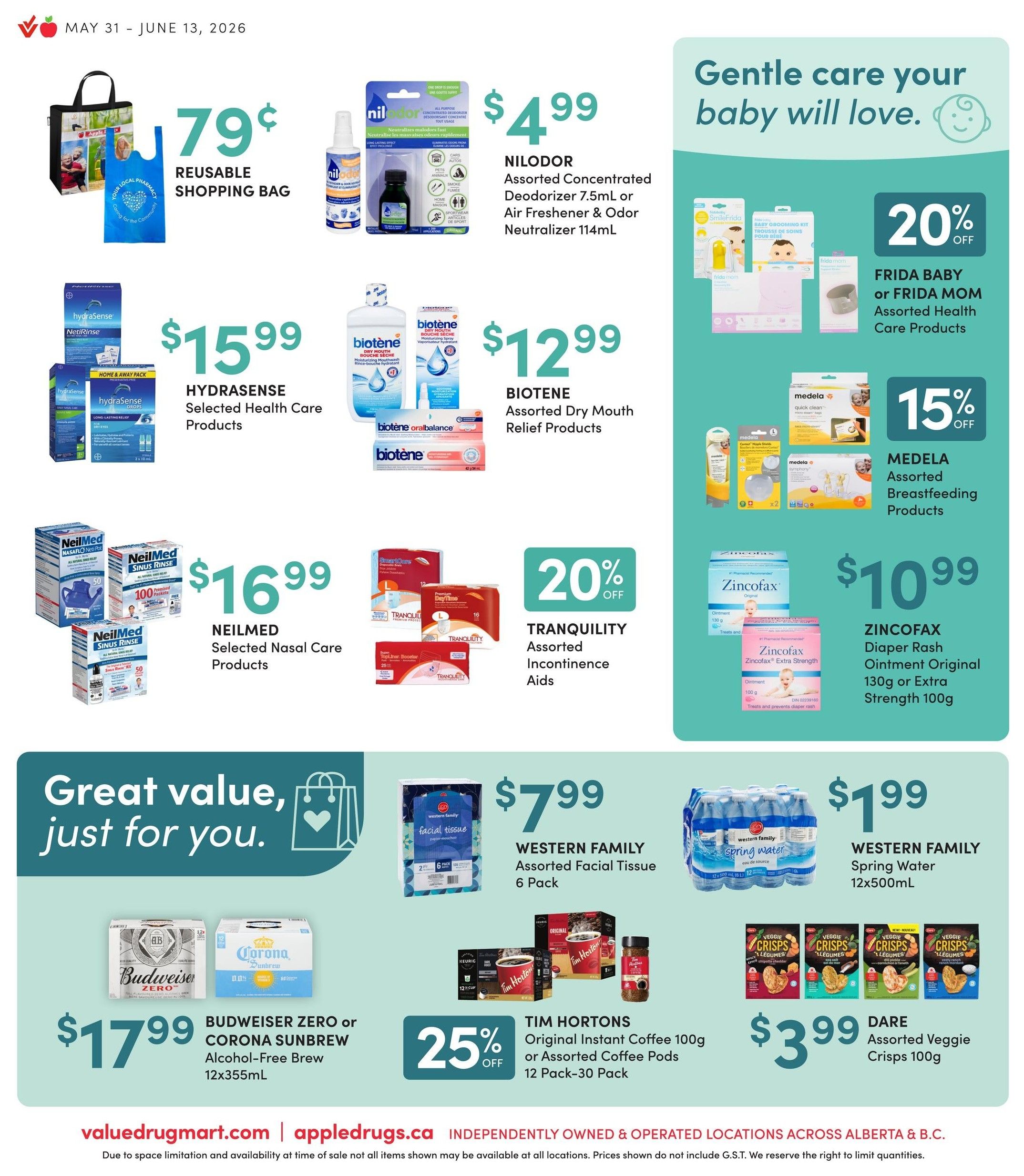 Value Drug Mart flyer specials page 8, featuring a 79¢ reusable shopping bag. Nilodor Assorted Concentrated Deodorizer 7.5mL or Air Freshener & Odor Neutralizer 114mL for $4.99. Hydrasense Selected Health Care Products for $15.99. Biotène Assorted Dry Mouth Relief Products for $12.99. NeilMed Selected Nasal Care Products for $16.99. Tranquility Assorted Incontinence Aids with 20% off. Gentle care for your baby section includes Frida Baby or Frida Mom Assorted Health Care Products with 20% off and Medela Assorted Breastfeeding Products with 15% off. Zincofax Diaper Rash Ointment Original 130g or Extra Strength 100g for $10.99. Budweiser Zero or Corona Sunbrew Alcohol-Free Brew 12x355mL for $17.99. Western Family Assorted Facial Tissue 6 Pack for $7.99. Western Family Spring Water 12x500mL for $1.99. Tim Hortons Original Instant Coffee 100g or Assorted Coffee Pods 12 Pack-30 Pack with 25% off. Dare Assorted Veggie Crisps 100g for $3.99. Valid May 31 - June 13, 2026.
