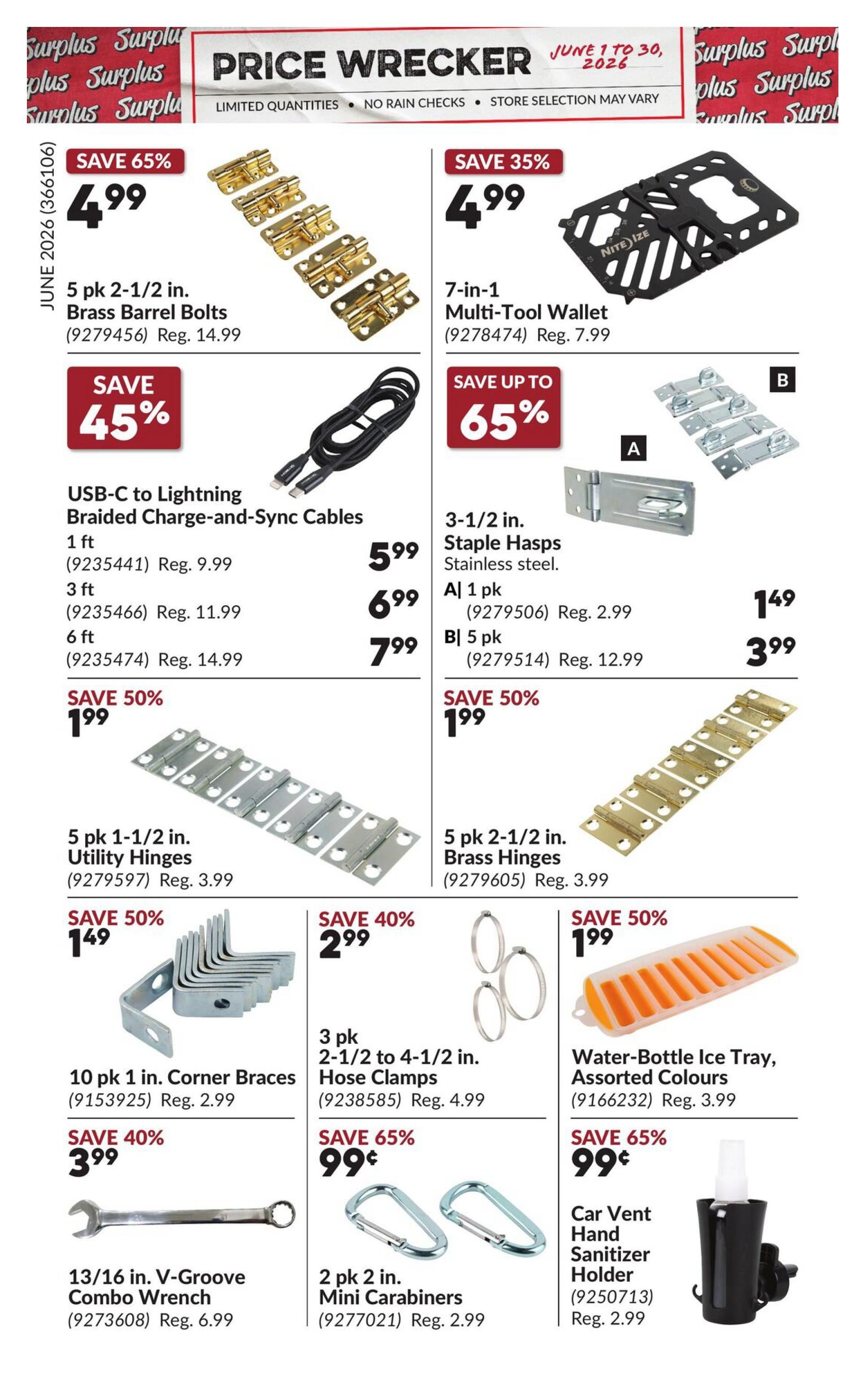 Princess Auto Price Wrecker flyer, page 3. Featured items include 5 pk 2-1/2 in. Brass Barrel Bolts on sale for $4.99 (save 65%), a 7-in-1 Multi-Tool Wallet for $4.99 (save 35%), and USB-C to Lightning Braided Charge-and-Sync Cables available in 1 ft for $5.99, 3 ft for $6.99, and 6 ft for $7.99. Also available are 3-1/2 in. Staple Hasps in stainless steel, with 1 pk for $1.49 and 5 pk for $3.99. Other deals include 5 pk 1-1/2 in. Utility Hinges for $1.99 (save 50%), 5 pk 2-1/2 in. Brass Hinges for $1.99 (save 50%), 10 pk 1 in. Corner Braces for $1.49 (save 50%), 3 pk 2-1/2 to 4-1/2 in. Hose Clamps for $2.99 (save 40%), a 13/16 in. V-Groove Combo Wrench for $3.99 (save 40%), 2 pk Mini Carabiners for $0.99 (save 65%), a Water-Bottle Ice Tray in assorted colours for $1.99 (save 50%), and a Car Vent Hand Sanitizer Holder for $0.99 (save 65%). Limited quantities, no rain checks, store selection may vary.