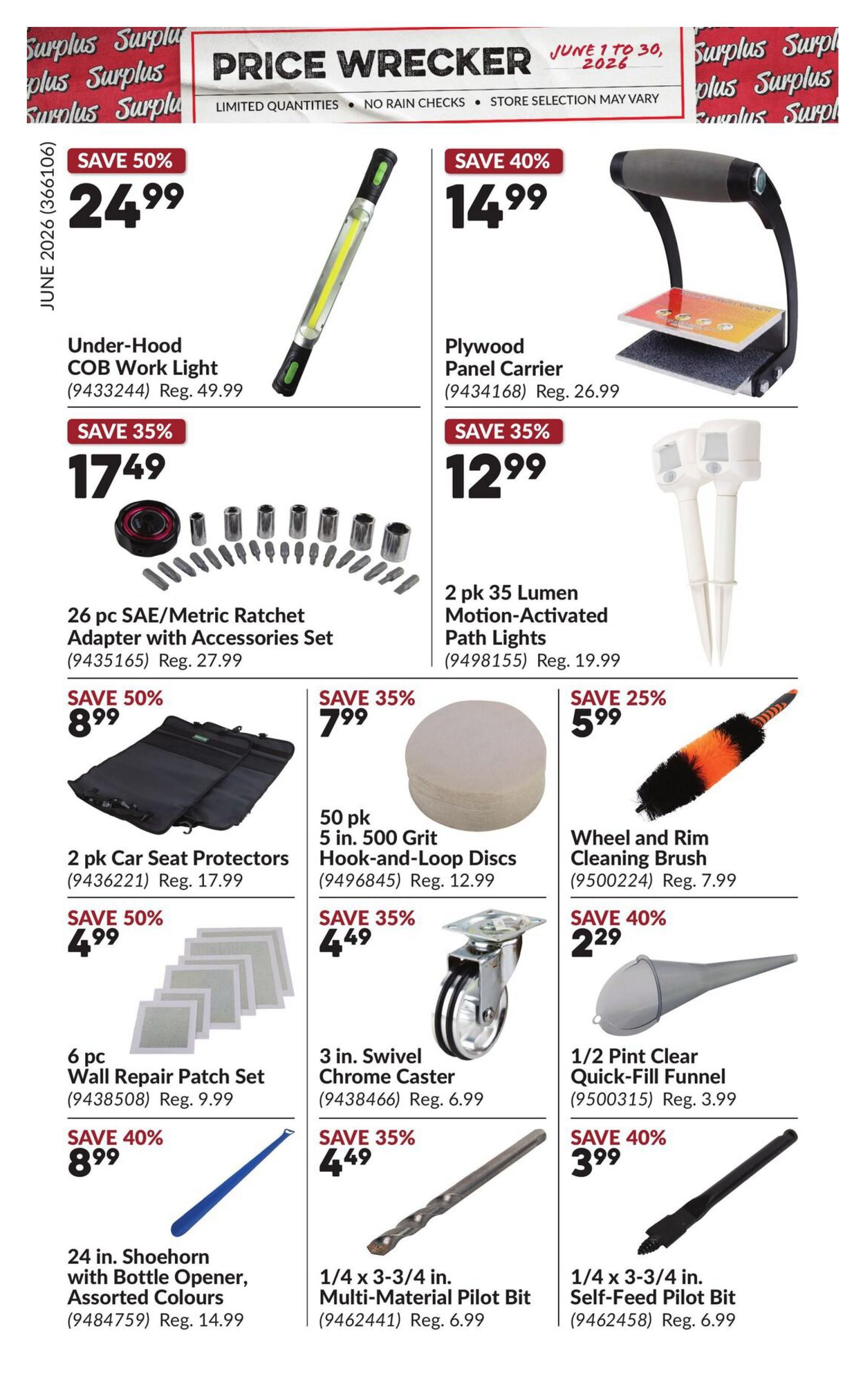 Princess Auto Price Wrecker flyer, page 6. Featured items include an Under-Hood COB Work Light on sale for $24.99 (save 50%), a Plywood Panel Carrier for $14.99 (save 40%), a 26 pc SAE/Metric Ratchet Adapter with Accessories Set for $17.49 (save 35%), and 2 pk 35 Lumen Motion-Activated Path Lights for $12.99 (save 35%). Also available are 2 pk Car Seat Protectors for $8.99 (save 50%), 50 pk 5 in. 500 Grit Hook-and-Loop Discs for $7.99 (save 35%), and a Wheel and Rim Cleaning Brush for $5.99 (save 25%). Additional deals include a 6 pc Wall Repair Patch Set for $4.99 (save 50%), a 3 in. Swivel Chrome Caster for $4.49 (save 35%), a 1/2 Pint Clear Quick-Fill Funnel for $2.29 (save 40%), a 24 in. Shoehorn with Bottle Opener, Assorted Colours for $8.99 (save 40%), a 1/4 x 3-3/4 in. Multi-Material Pilot Bit for $4.49 (save 35%), and a 1/4 x 3-3/4 in. Self-Feed Pilot Bit for $3.99 (save 40%).