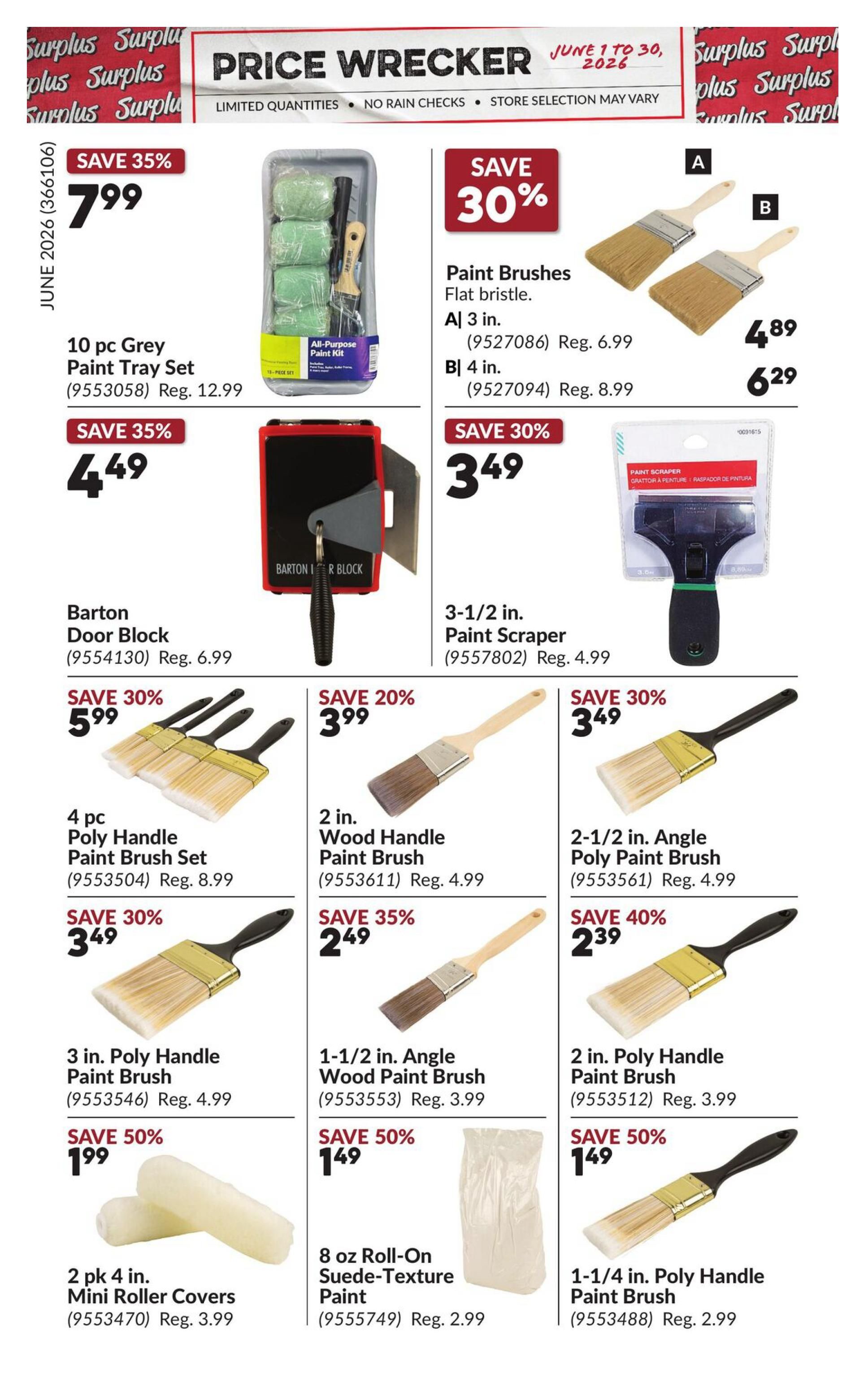 Princess Auto Price Wrecker flyer, page 12. Featured items include a 10 pc Grey Paint Tray Set on sale for $7.99 (Save 35%), down from $12.99. Also available are Paint Brushes with flat bristles, 3 in. for $4.89 (Reg. $6.99) and 4 in. for $6.29 (Reg. $8.99). A Barton Door Block is on sale for $4.49 (Save 35%, Reg. $6.99). A 3-1/2 in. Paint Scraper is $3.49 (Save 30%, Reg. $4.99). Other paint brushes include a 4 pc Poly Handle Paint Brush Set for $5.99 (Save 30%, Reg. $8.99), a 2 in. Wood Handle Paint Brush for $3.99 (Save 20%, Reg. $4.99), a 2-1/2 in. Angle Poly Handle Paint Brush for $3.49 (Save 30%, Reg. $4.99), a 3 in. Poly Handle Paint Brush for $3.49 (Save 30%, Reg. $4.99), a 1-1/2 in. Angle Wood Paint Brush for $2.49 (Save 35%, Reg. $3.99), and a 2 in. Poly Handle Paint Brush for $2.39 (Save 40%, Reg. $3.99). Also featured are 2 pk 4 in. Mini Roller Covers for $1.99 (Save 50%, Reg. $3.99), 8 oz Roll-On Suede-Texture Paint for $1.49 (Save 50%, Reg. $2.99), and a 1-1/4 in. Poly Handle Paint Brush for $1.49 (Save 50%, Reg. $2.99).