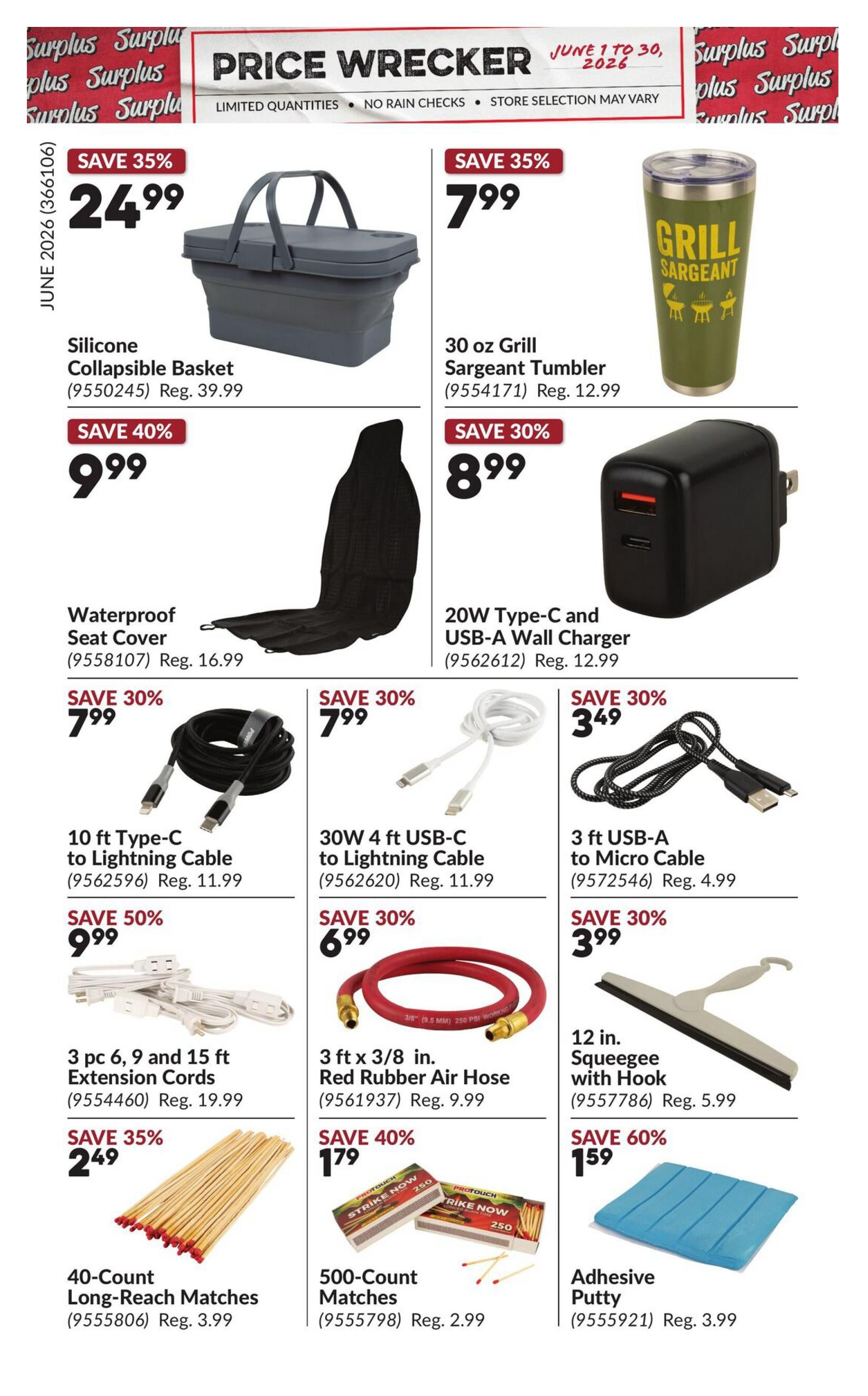 Princess Auto Price Wrecker flyer, page 13. Featured items include a Silicone Collapsible Basket for $24.99 (save 35%, reg. $39.99), a 30 oz Grill Sargeant Tumbler for $7.99 (save 35%, reg. $12.99), a Waterproof Seat Cover for $9.99 (save 40%), a 20W Type-C and USB-A Wall Charger for $8.99 (save 30%, reg. $12.99). Also available are a 10 ft Type-C to Lightning Cable for $7.99 (save 30%, reg. $11.99), a 30W 4 ft USB-C to Lightning Cable for $7.99 (save 30%, reg. $11.99), and a 3 ft USB-A to Micro Cable for $3.49 (save 30%, reg. $4.99). Additional deals include 3 pc 6, 9 and 15 ft Extension Cords for $9.99 (save 50%, reg. $19.99), a 3 ft x 3/8 in. Red Rubber Air Hose for $6.99 (save 30%, reg. $9.99), and a 12 in. Squeegee with Hook for $3.99 (save 30%, reg. $5.99). Finally, get a 40-Count Long-Reach Matches for $2.49 (save 35%, reg. $3.99), 500-Count Matches for $1.79 (save 40%, reg. $2.99), and Adhesive Putty for $1.59 (save 60%, reg. $3.99).