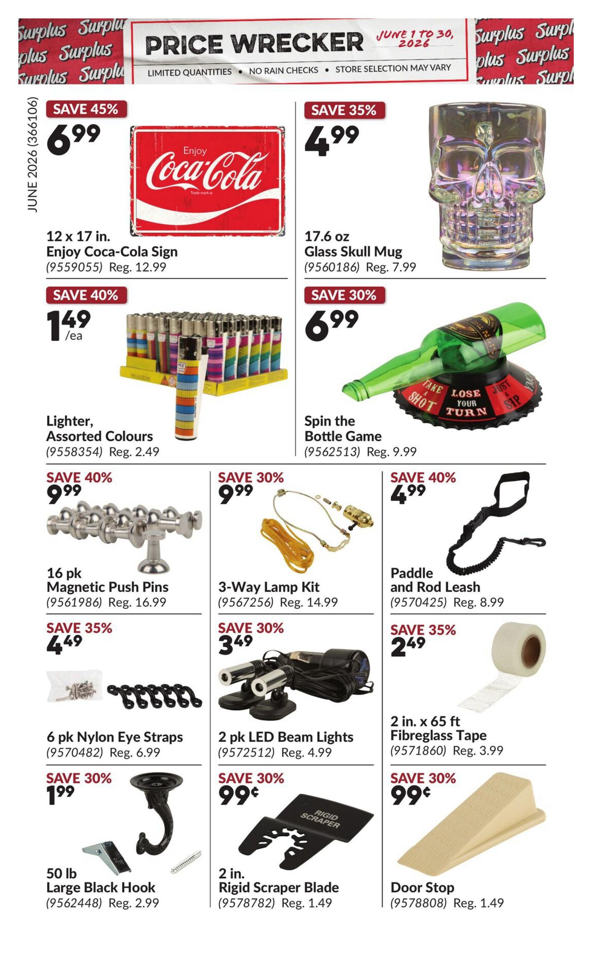 Princess Auto Price Wrecker flyer, page 15. Featured items include a 12 x 17 in. Enjoy Coca-Cola Sign on sale for $6.99 (save 45%), a 17.6 oz Glass Skull Mug for $4.99 (save 35%), and a display of Lighters in assorted colours for $1.49 each (save 40%). Also available is a Spin the Bottle Game for $6.99 (save 30%). Other deals include 16 pk Magnetic Push Pins for $9.99 (save 40%), a 3-Way Lamp Kit for $9.99 (save 30%), and a Paddle and Rod Leash for $4.99 (save 40%). Additionally, find 6 pk Nylon Eye Straps for $4.49 (save 35%), 2 pk LED Beam Lights for $3.49 (save 30%), and 2 in. x 65 ft Fibreglass Tape for $2.49 (save 35%). Rounding out the deals are a 50 lb Large Black Hook for $1.99 (save 30%) and a 2 in. Rigid Scraper Blade for $0.99 (save 30%), plus a Door Stop for $0.99 (save 30%).