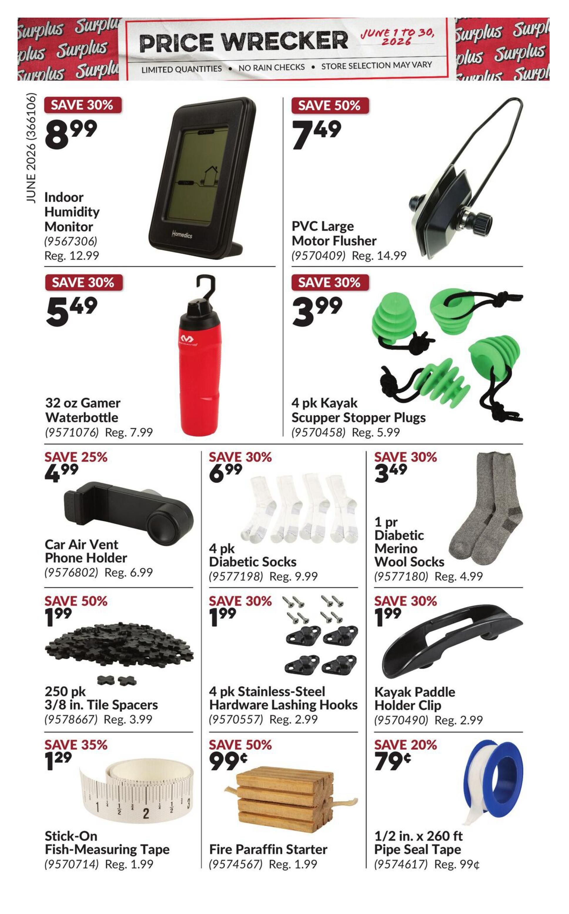 Princess Auto Price Wrecker flyer, page 16. Featured items include an Indoor Humidity Monitor for $8.99 (regularly $12.99), a 32 oz Gamer Waterbottle for $5.49 (regularly $7.99), and a Car Air Vent Phone Holder for $4.99 (regularly $6.99). Also available are a PVC Large Motor Flusher for $7.49 (regularly $14.99), 4 pk Kayak Scupper Stopper Plugs for $3.99 (regularly $5.99), 4 pk Diabetic Socks for $6.99 (regularly $9.99), and 1 pair Diabetic Merino Wool Socks for $3.49 (regularly $4.99). Additional deals include 250 pk 3/8 in. Tile Spacers for $1.99 (regularly $3.99), 4 pk Stainless-Steel Hardware Lashing Hooks for $1.99 (regularly $2.99), a Kayak Paddle Holder Clip for $1.99 (regularly $2.99), a Stick-On Fish-Measuring Tape for $1.29 (regularly $1.99), Fire Paraffin Starters for $0.99 (regularly $1.99), and 1/2 in. x 260 ft Pipe Seal Tape for $0.79 (regularly $0.99).