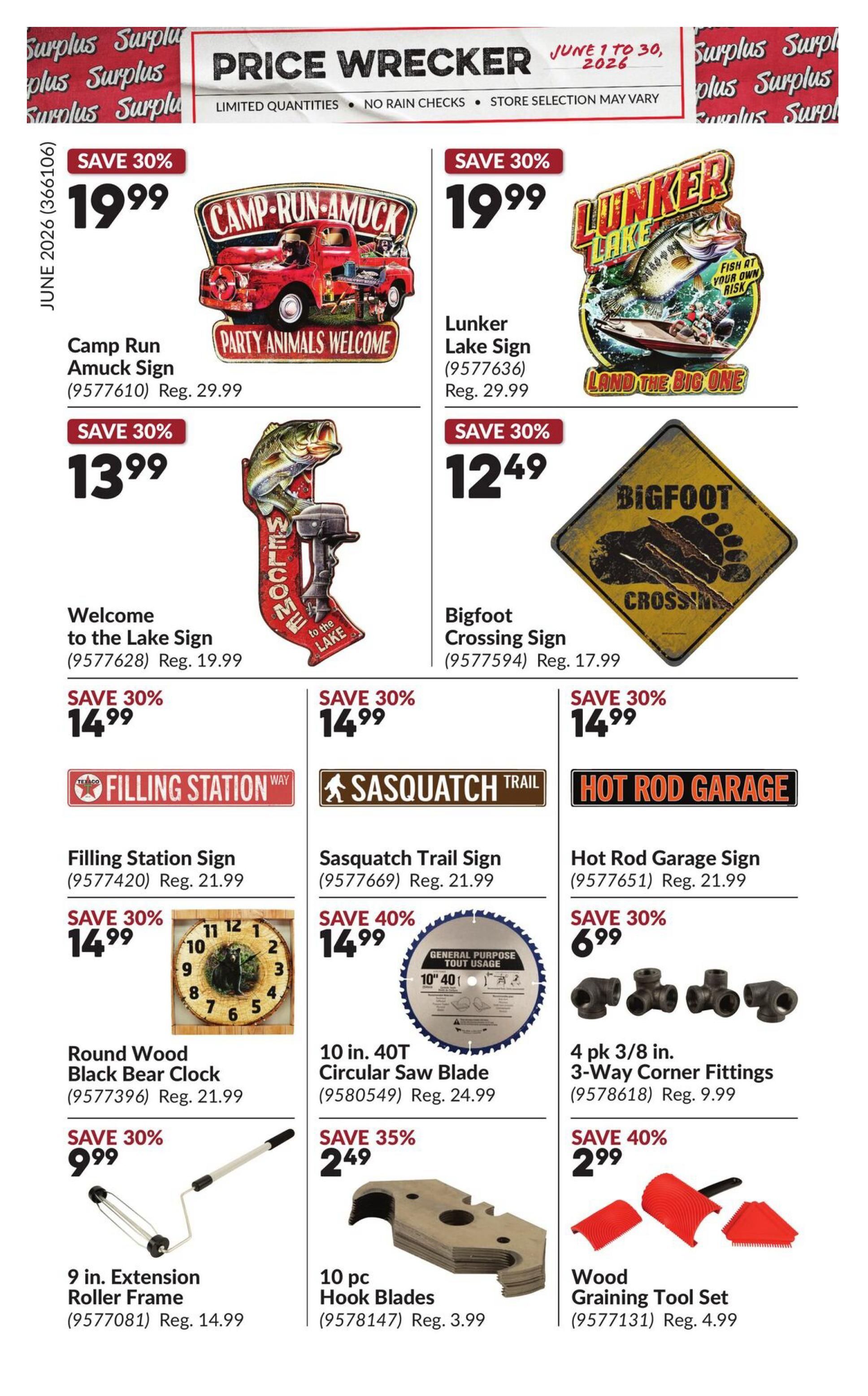 Princess Auto Price Wrecker flyer, Page 17. Featured items include a Camp Run Amuck Sign for $19.99 (Save 30%), a Lunker Lake Sign for $19.99 (Save 30%), a Welcome to the Lake Sign for $13.99 (Save 30%), and a Bigfoot Crossing Sign for $12.49 (Save 30%). Also available are a Filling Station Sign for $14.99 (Save 30%), a Sasquatch Trail Sign for $14.99 (Save 30%), and a Hot Rod Garage Sign for $14.99 (Save 30%). Additional deals include a Round Wood Black Bear Clock for $14.99 (Save 30%), a 10 in. 40T Circular Saw Blade for $14.99 (Save 40%), 4 pk 3/8 in. 3-Way Corner Fittings for $6.99 (Save 30%), a 9 in. Extension Roller Frame for $9.99 (Save 30%), 10 pc Hook Blades for $2.49 (Save 35%), and a Wood Graining Tool Set for $2.99 (Save 40%).
