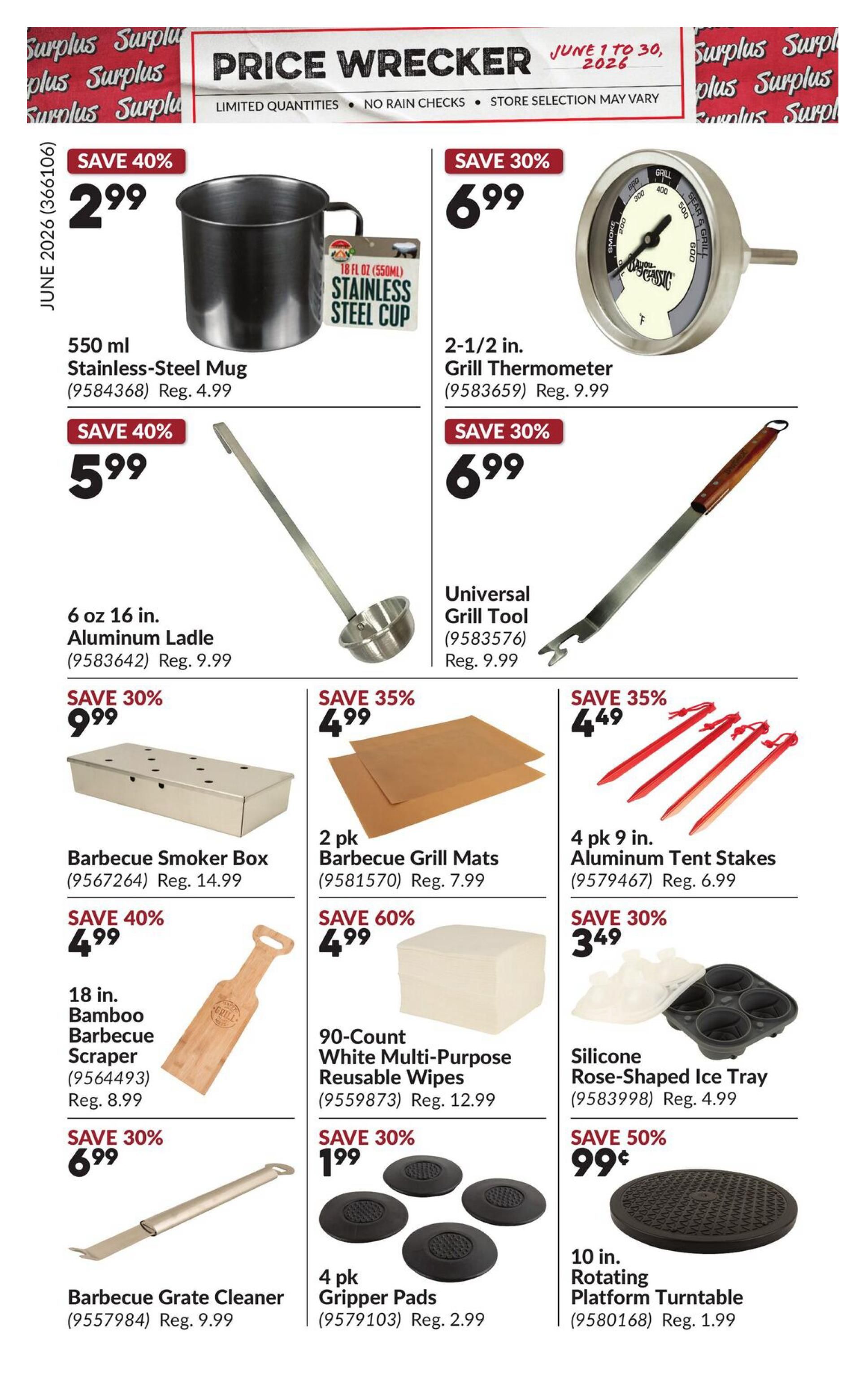 Princess Auto Price Wrecker flyer, page 18. Featuring a 550 ml Stainless-Steel Mug on sale for $2.99 (Save 40%), a 2-1/2 in. Grill Thermometer for $6.99 (Save 30%), a 6 oz 16 in. Aluminum Ladle for $5.99 (Save 40%), a Universal Grill Tool for $6.99 (Save 30%), a Barbecue Smoker Box for $9.99 (Save 30%), 2 pk Barbecue Grill Mats for $4.99 (Save 35%), 4 pk 9 in. Aluminum Tent Stakes for $4.49 (Save 35%), an 18 in. Bamboo Barbecue Scraper for $4.99 (Save 40%), 90-Count White Multi-Purpose Reusable Wipes for $4.99 (Save 60%), a Silicone Rose-Shaped Ice Tray for $3.49 (Save 30%), a Barbecue Grate Cleaner for $6.99 (Save 30%), 4 pk Gripper Pads for $1.99 (Save 30%), and a 10 in. Rotating Platform Turntable for $0.99 (Save 50%).