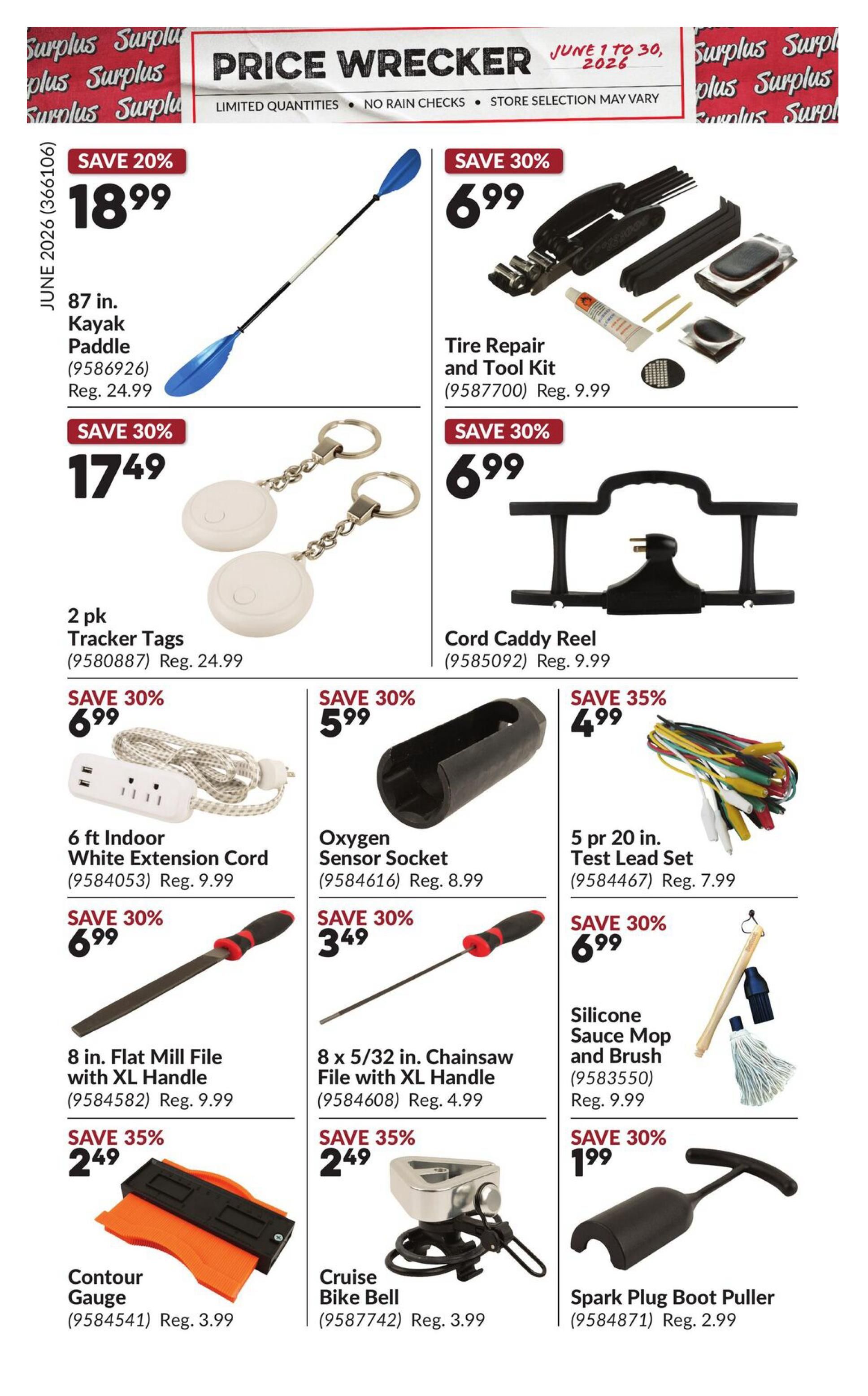 Princess Auto Price Wrecker flyer page 19 featuring various tools and accessories. Save 20% on an 87-inch Kayak Paddle for $18.99 (Reg. $24.99). Save 30% on a 2-pack Tracker Tags for $17.49 (Reg. $24.99). Also available are a Tire Repair and Tool Kit for $6.99 (Reg. $9.99) and a Cord Caddy Reel for $6.99 (Reg. $9.99). Other deals include a 6 ft Indoor White Extension Cord for $6.99 (Reg. $9.99), an Oxygen Sensor Socket for $5.99 (Reg. $8.99), and a 5-piece 20-inch Test Lead Set for $4.99 (Reg. $7.99). Additionally, find an 8-inch Flat Mill File with XL Handle for $6.99 (Reg. $9.99), an 8 x 5/32-inch Chainsaw File with XL Handle for $3.49 (Reg. $4.99), a Silicone Sauce Mop and Brush for $6.99 (Reg. $9.99), a Contour Gauge for $2.49 (Reg. $3.99), a Cruise Bike Bell for $2.49 (Reg. $3.99), and a Spark Plug Boot Puller for $1.99 (Reg. $2.99).
