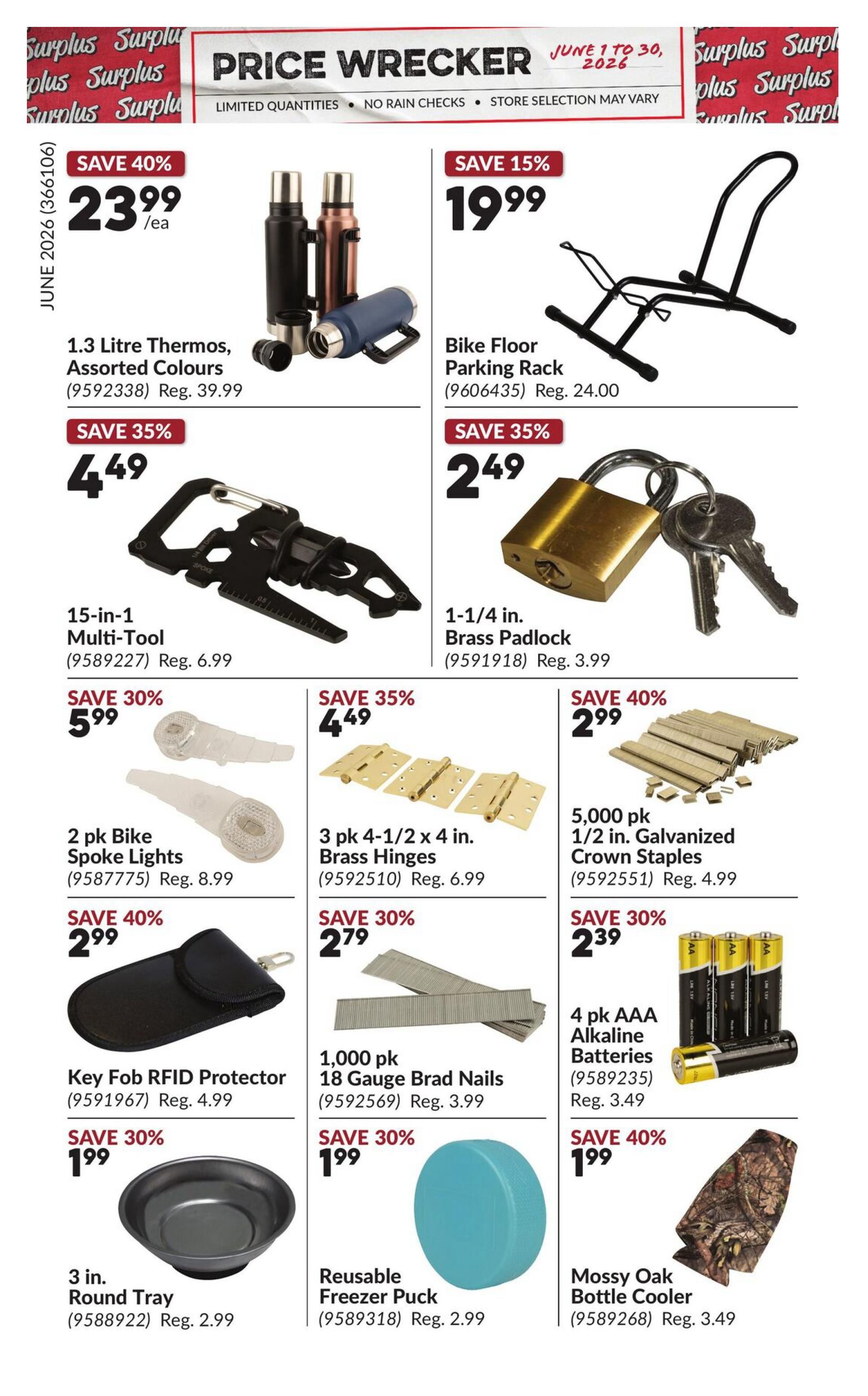Princess Auto Price Wrecker flyer, page 20. Featured items include a 1.3 Litre Thermos in assorted colours for $23.99 (save 40%), a Bike Floor Parking Rack for $19.99 (save 15%), and a 15-in-1 Multi-Tool for $4.49 (save 35%). Also available are a 1-1/4 in. Brass Padlock for $2.49 (save 35%), 2 pk Bike Spoke Lights for $5.99 (save 30%), 3 pk 4-1/2 x 4 in. Brass Hinges for $4.49 (save 35%), and a 5,000 pk 1/2 in. Galvanized Crown Staples for $2.99 (save 40%). Additional deals include a Key Fob RFID Protector for $2.99 (save 40%), 1,000 pk 18 Gauge Brad Nails for $2.79 (save 30%), 4 pk AAA Alkaline Batteries for $2.39 (save 30%), a 3 in. Round Tray for $1.99 (save 30%), a Reusable Freezer Puck for $1.99 (save 30%), and a Mossy Oak Bottle Cooler for $1.99 (save 40%).