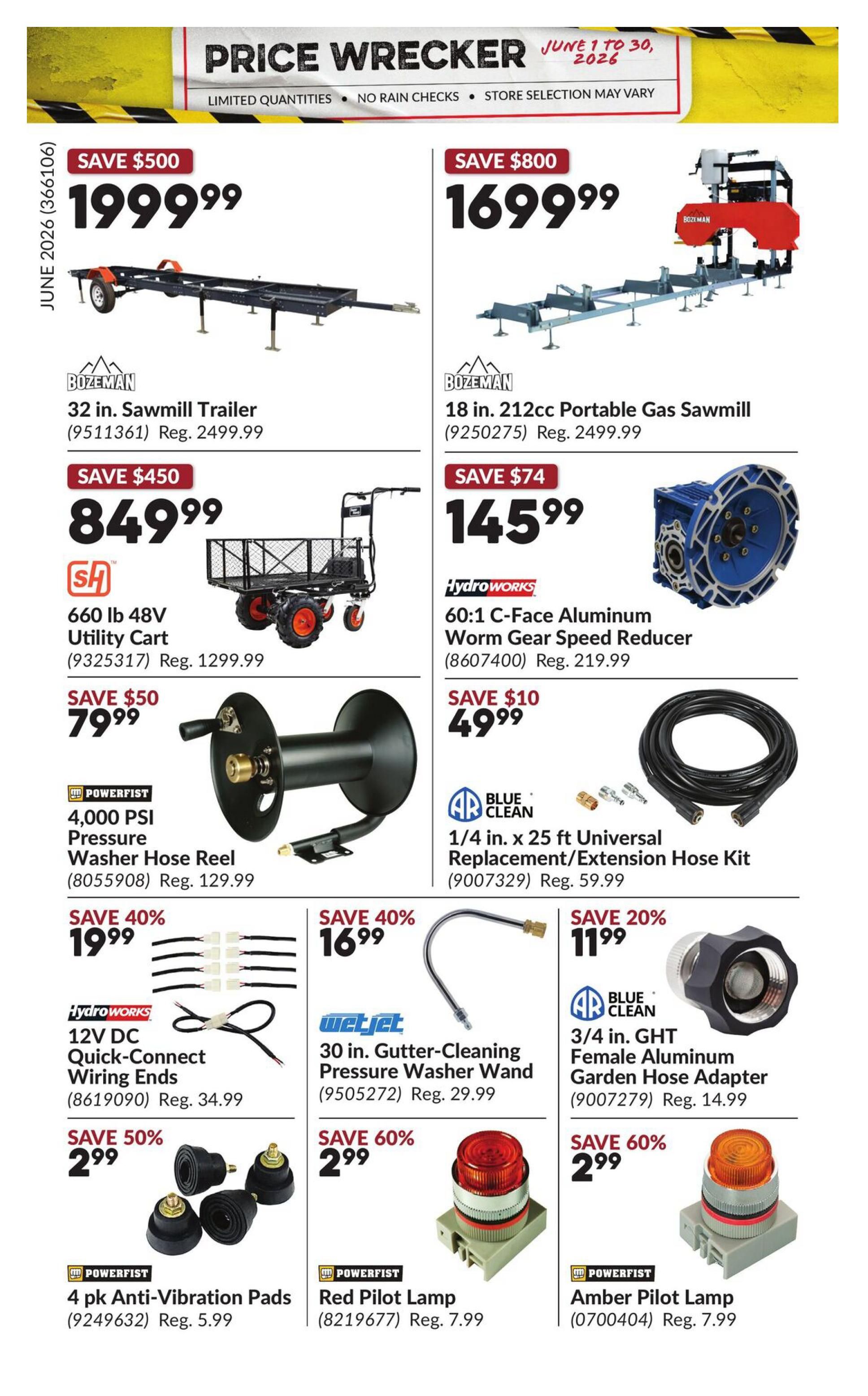 Princess Auto Price Wrecker flyer, page 30. Featured items include a Bozeman 32 in. Sawmill Trailer for $1999.99 (save $500), a Bozeman 18 in. 212cc Portable Gas Sawmill for $1699.99 (save $800), a SH 660 lb 48V Utility Cart for $849.99 (save $450), and a HydroWorks 60:1 C-Face Aluminum Worm Gear Speed Reducer for $145.99 (save $74). Also available are a Powerfist 4,000 PSI Pressure Washer Hose Reel for $79.99 (save $50), a Blue Clean 1/4 in. x 25 ft Universal Replacement/Extension Hose Kit for $49.99 (save $10), HydroWorks 12V DC Quick-Connect Wiring Ends for $19.99 (save 40%), a WetJet 30 in. Gutter-Cleaning Pressure Washer Wand for $16.99 (save 40%), and a Blue Clean 3/4 in. GHT Female Aluminum Garden Hose Adapter for $11.99 (save 20%). Additional deals include 4 pk Anti-Vibration Pads for $2.99 (save 50%), a Powerfist Red Pilot Lamp for $2.99 (save 60%), and a Powerfist Amber Pilot Lamp for $2.99 (save 60%).