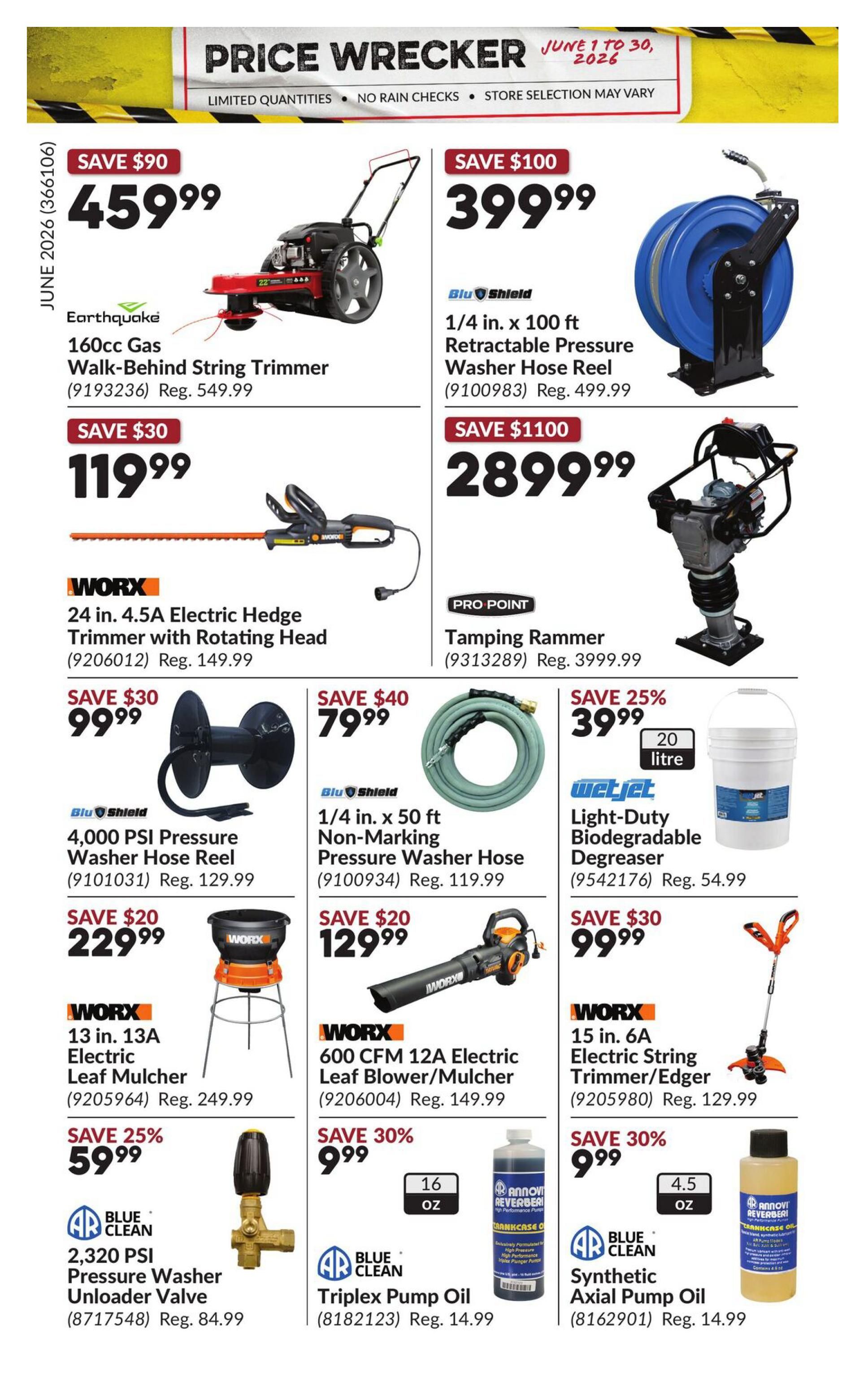 Princess Auto Price Wrecker flyer, page 31. Featured items include an Earthquake 160cc Gas Walk-Behind String Trimmer on sale for $459.99 (save $90), a Blu-Shield 1/4 in. x 100 ft Retractable Pressure Washer Hose Reel for $399.99 (save $100), and a Pro-Point Tamping Rammer for $289.99 (save $1100). Also available are a Worx 24 in. 4.5A Electric Hedge Trimmer with Rotating Head for $119.99 (save $30), a Blu-Shield 4,000 PSI Pressure Washer Hose Reel for $99.99 (save $30), a Blu-Shield 1/4 in. x 50 ft Non-Marking Pressure Washer Hose for $79.99 (save $40), and a WetJet Light-Duty Biodegradable Degreaser (20 litre) for $39.99 (save 25%). Additional deals include a Worx 13 in. 13A Electric Leaf Mulcher for $229.99 (save $20), a Worx 600 CFM 12A Electric Leaf Blower/Mulcher for $129.99 (save $20), a Worx 15 in. 6A Electric String Trimmer/Edger for $99.99 (save $30), a Blue Clean 2,320 PSI Pressure Washer Unloader Valve for $59.99 (save 25%), a Blue Clean Triplex Pump Oil (16 oz) for $9.99 (save 30%), and a Blue Clean Synthetic Axial Pump Oil (4.5 oz) for $9.99 (save 30%).