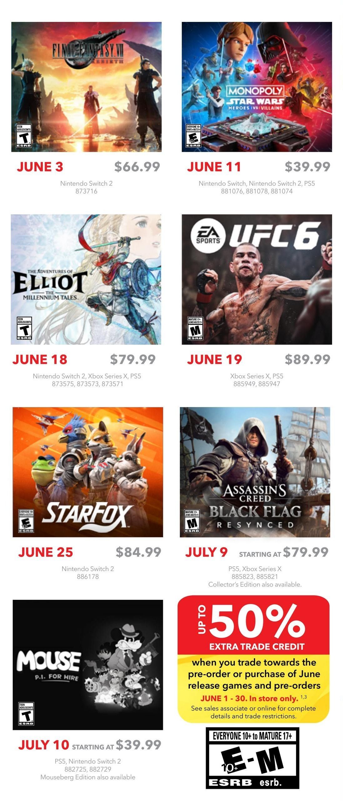 EB Games - GameStop flyer page 2 features new game releases and a trade-in offer. Available June 3 is Final Fantasy VII Rebirth for Nintendo Switch 2 at $66.99. On June 11, Monopoly Star Wars Heroes vs Villains is available for Nintendo Switch, Nintendo Switch 2, and PS5 for $39.99. The Adventures of Elliot - The Millennium Tales releases June 18 for Nintendo Switch 2, Xbox Series X, and PS5 at $79.99. UFC 6 is available June 19 for Xbox Series X and PS5 for $89.99. Star Fox launches June 25 for Nintendo Switch 2 at $84.99. Assassin's Creed Black Flag Resynced is available starting July 9 for PS5 and Xbox Series X from $79.99, with a Collector's Edition also available. Mouse P.I. for Hire is available starting July 10 for PS5 and Nintendo Switch 2 from $39.99, with a Mouseberg Edition also available. Additionally, get up to 50% extra trade credit when you trade towards the pre-order or purchase of June release games and pre-orders, valid June 1-30 in store only. See sales associate or online for complete details and trade restrictions.