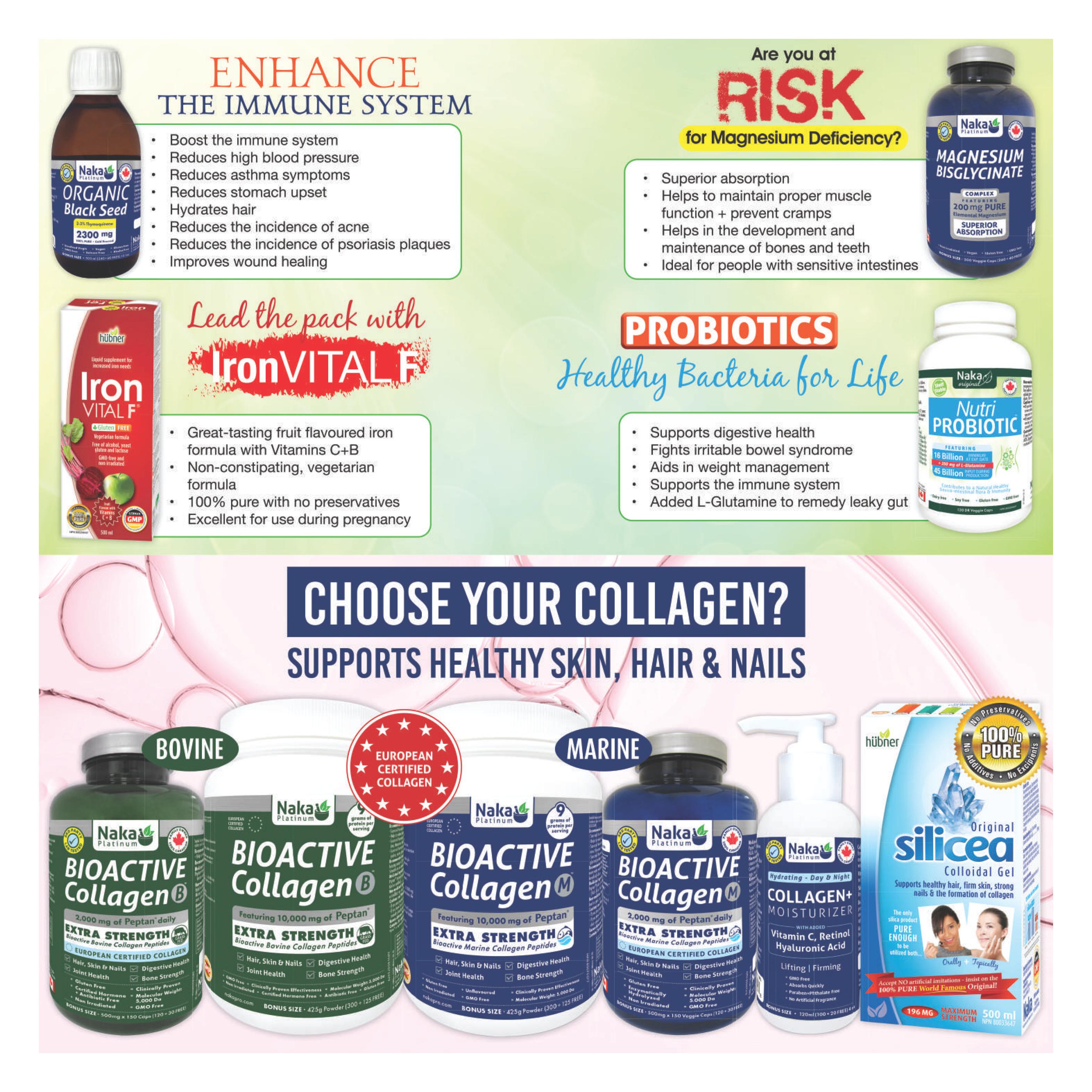 Ambrosia Natural Foods flyer specials page 2 features products to enhance the immune system and support healthy skin, hair, and nails. On the left, Naka Platinum Organic Black Seed oil, 2300 mg, is highlighted for boosting the immune system, reducing high blood pressure, asthma symptoms, and stomach upset, among other benefits. Below it is Hübner Iron VITAL F, a fruit-flavoured iron supplement with Vitamins C+B, 100% pure with no preservatives, excellent for use during pregnancy. In the centre, Naka Platinum IronVITAL F is promoted. On the right, Naka Platinum Magnesium Bisglycinate, featuring 200 mg pure elemental magnesium, is presented for superior absorption and muscle function. Below this is Naka Nutri PROBIOTIC, with 16 billion active cultures and 250 mg of L-Glutamine, supporting digestive health and the immune system. The bottom section is dedicated to collagen products: Naka Platinum Bioactive Collagen B (Bovine) and Bioactive Collagen M (Marine), both featuring 10,000 mg of Peptan and Extra Strength. These are promoted for hair, skin, nails, digestive health, and bone strength. Also featured is Naka Platinum Collagen+ Moisturizer with Vitamin C, Retinol, and Hyaluronic Acid for lifting and firming. Finally, Hübner Silicea Original Colloidal Gel, 196 mg maximum strength, 500 ml, is shown to support healthy hair, firm skin, strong nails, and collagen formation, with no artificial ingredients.