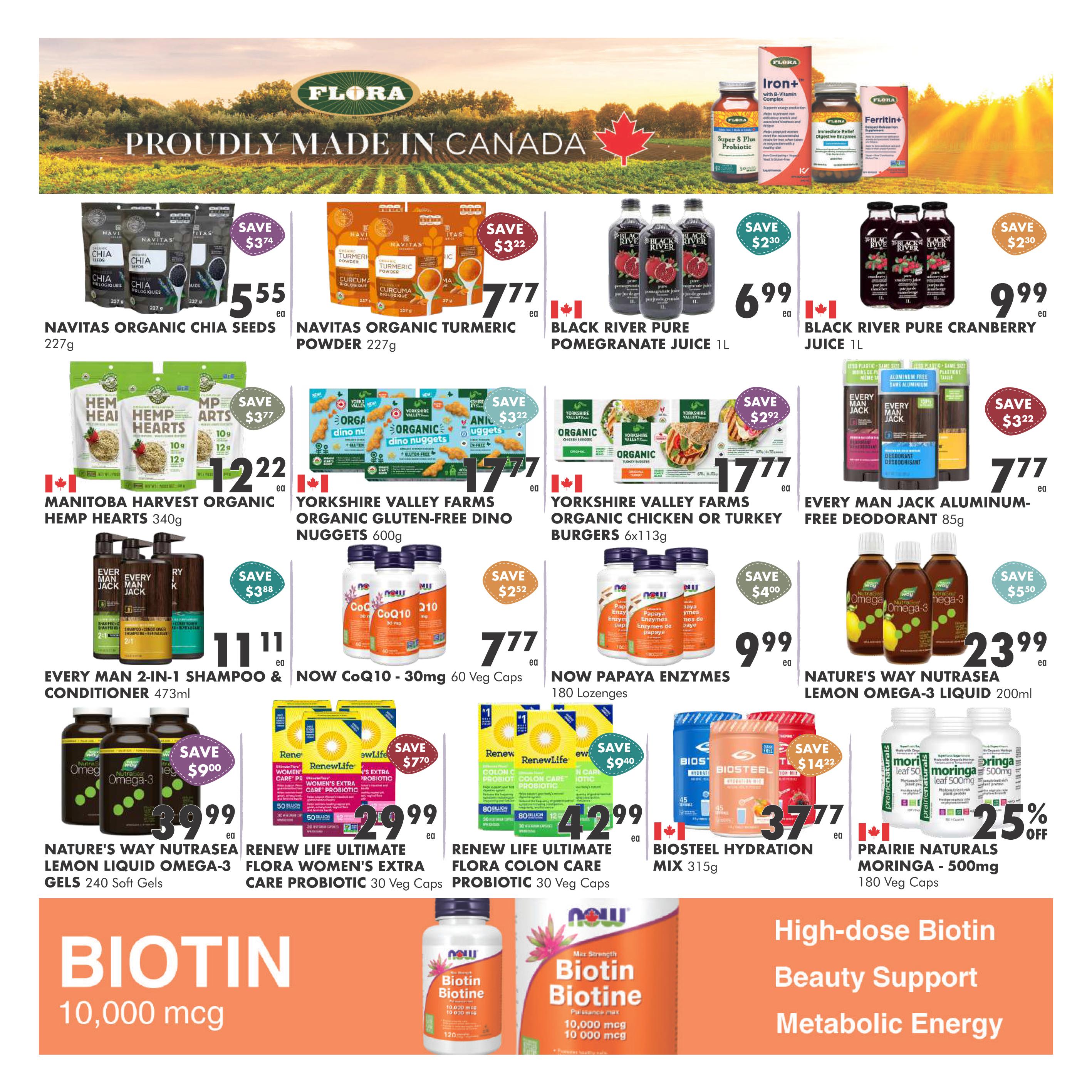 Ambrosia Natural Foods flyer specials page 3. Featured products include Navitas Organic Chia Seeds 227g for $5.55, Navitas Organic Turmeric Powder 227g for $7.77, Black River Pure Pomegranate Juice 1L for $6.99, and Black River Pure Cranberry Juice 1L for $9.99. Also on sale are Manitoba Harvest Organic Hemp Hearts 340g for $12.22, Yorkshire Valley Farms Organic Gluten-Free Dino Nuggets 600g for $17.77, Yorkshire Valley Farms Organic Chicken or Turkey Burgers 6x113g for $17.77, and Every Man Jack Aluminum-Free Deodorant 85g for $7.77. Other offers include Every Man 2-in-1 Shampoo & Conditioner 473ml for $11.11, NOW CoQ10 - 30mg 60 Veg Caps for $7.77, NOW Papaya Enzymes 180 Lozenges for $9.99, Nature's Way NutraSea Lemon Omega-3 Liquid 200ml for $23.99, Nature's Way NutraSea Lemon Omega-3 Gels 240 Soft Gels for $39.99, Renew Life Ultimate Flora Women's Extra Care Probiotic 30 Veg Caps for $29.99, Renew Life Ultimate Flora Colon Care Probiotic 30 Veg Caps for $42.99, Biosteel Hydration Mix 315g for $3.77, and Prairie Naturals Moringa - 500mg 180 Veg Caps with 25% off. The page also highlights high-dose Biotin for beauty support and metabolic energy.