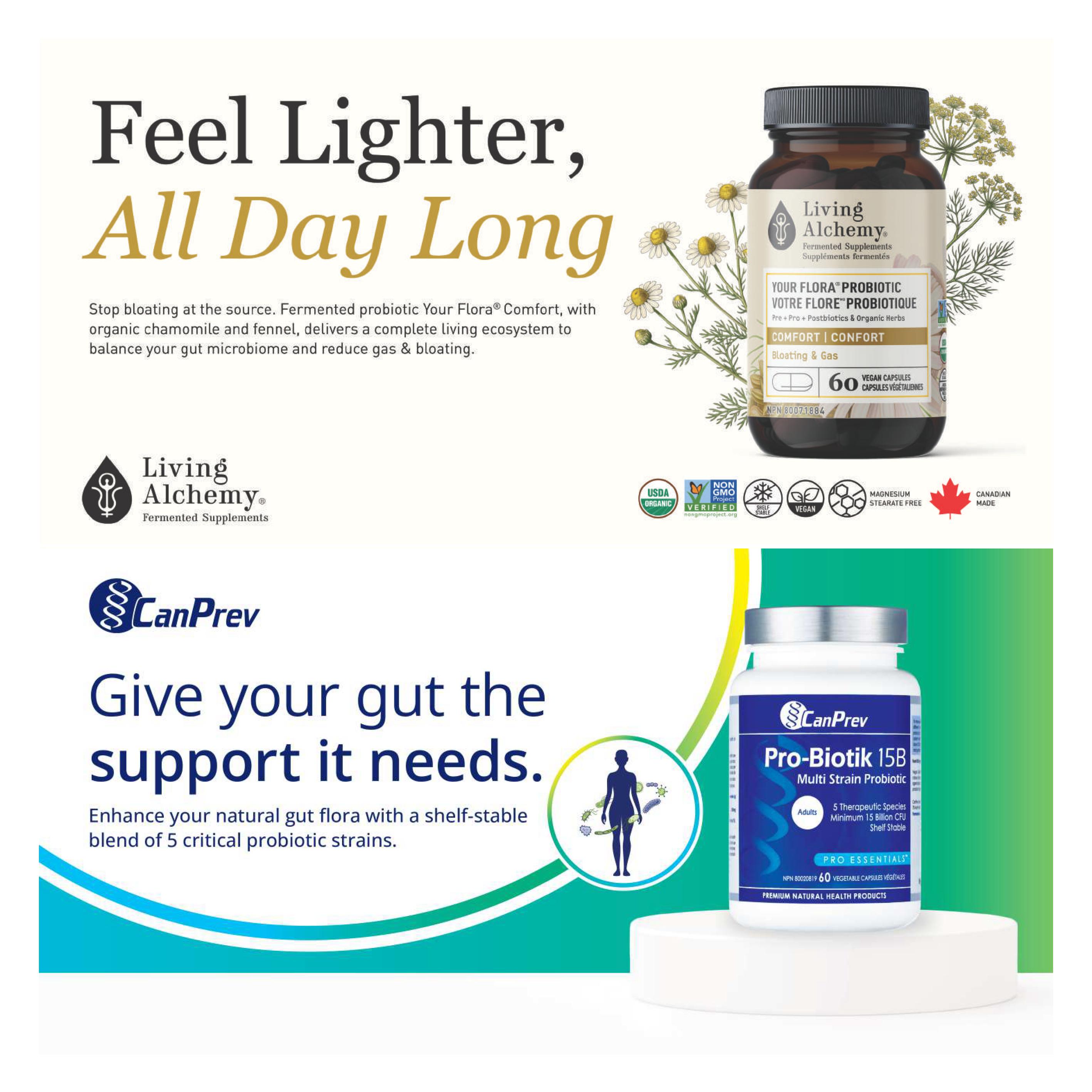 Ambrosia Natural Foods flyer, page 4. Features Living Alchemy Your Flora Probiotic Comfort, a fermented probiotic with organic chamomile and fennel to balance gut microbiome and reduce gas and bloating, available in 60 vegan capsules. Also highlights CanPrev Pro-Biotik 15B Multi Strain Probiotic for adults, containing 5 therapeutic species with a minimum of 15 billion CFU, shelf-stable and made with premium natural health products. The page emphasizes feeling lighter all day long and giving your gut the support it needs with a blend of 5 critical probiotic strains.